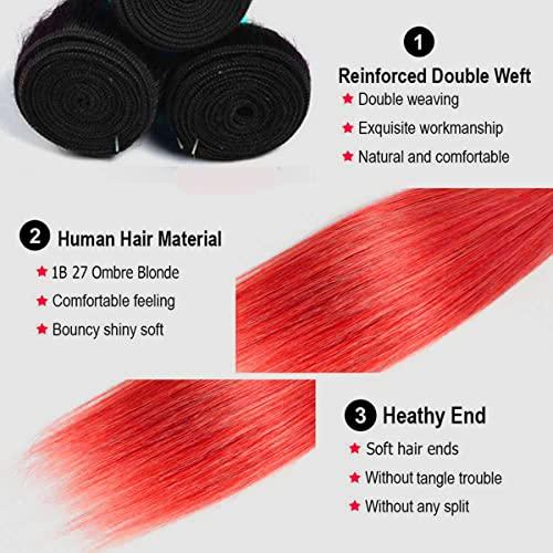muaowig Red Human Hair Bundles Tow Tone Hair 3 Bundles Straight Ombre Red Bundles For Black Women Unprocessed Virgin Hair Weave 12 14 16 inch
