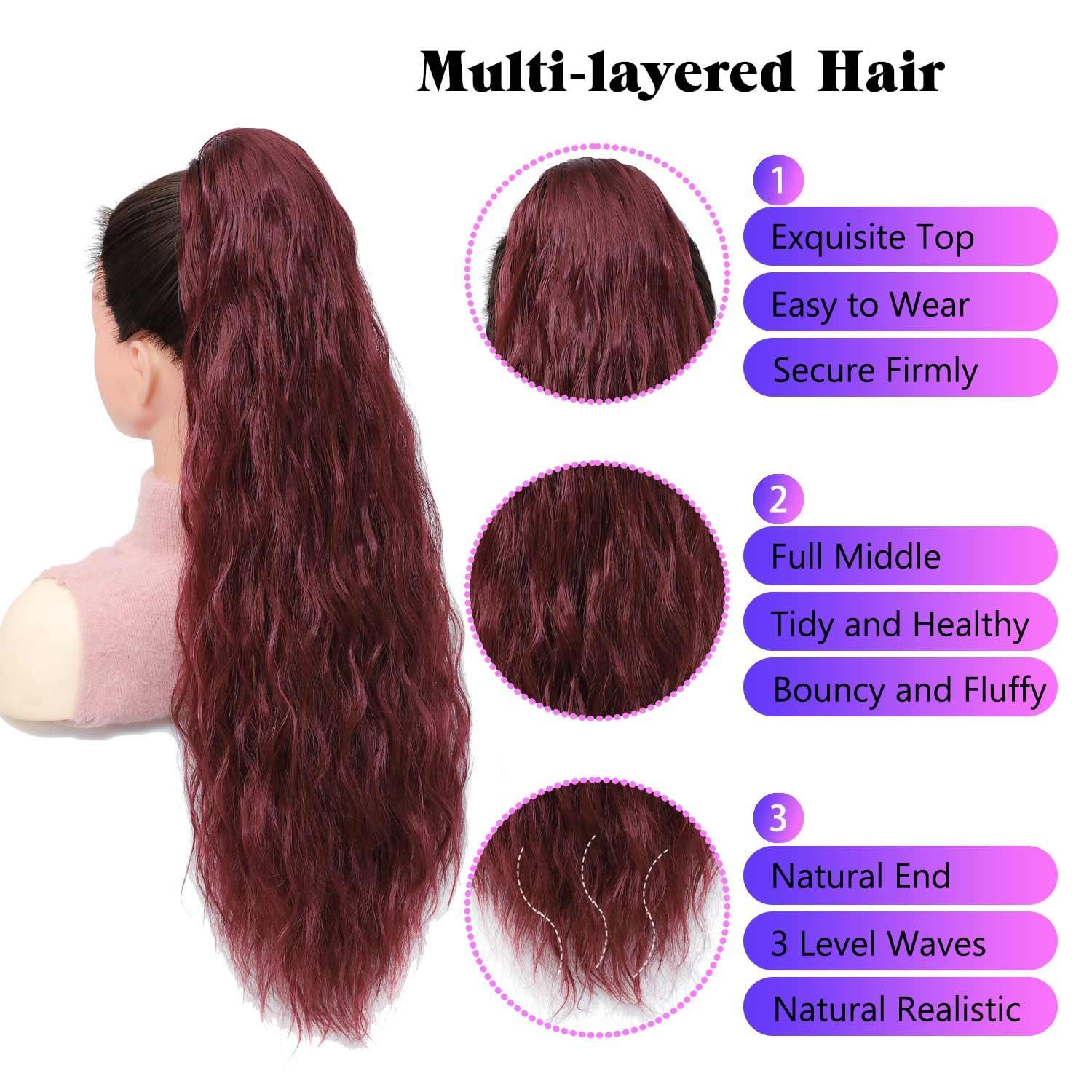 CIKREET Wine Red Ponytail Extension Drawstring Ponytail Curly Ponytail Extension for Women Pony Tails Hair Extensions 26 Inch Long Ponytail Extension Clip in Ponytail Hair Extensions Ponytail Hair Pieces