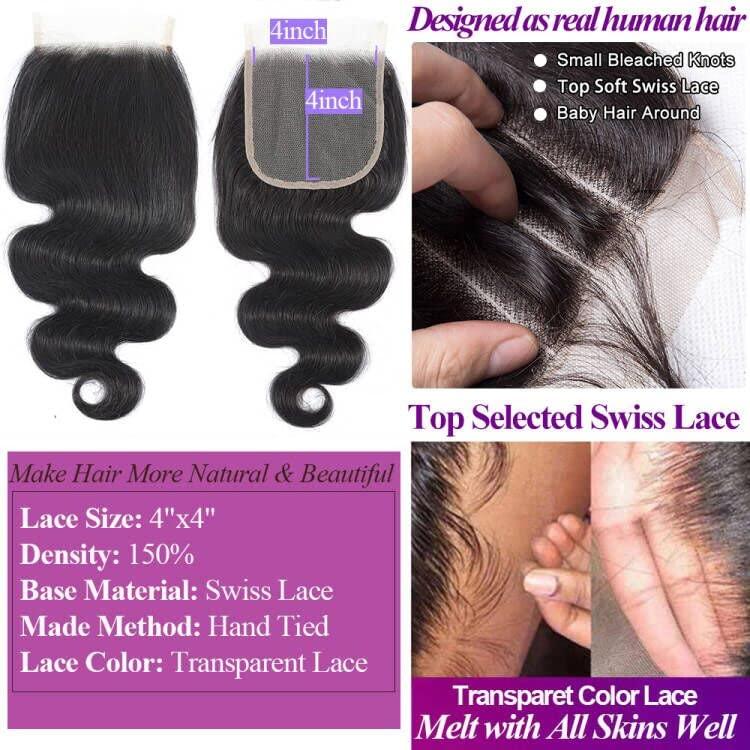 UDesire UDesire Body Wave Lace Closure 4x4 Free Part Closure Human Hair Brazilian Virgin 100% Unprocessed Human Hair Lace Closure Natural Black Color with Baby Hair(18inch