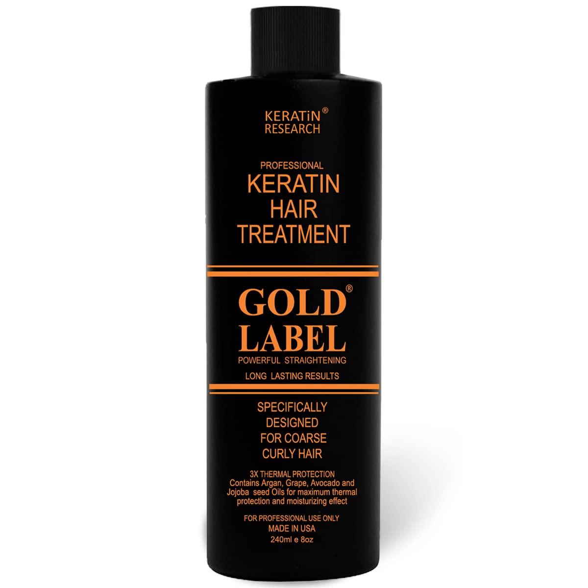 KERATIN RESEARCH Gold Label Brazilian Keratin Hair Treatment Straightening works on All Hair Types Incl Coarse Thick Dry Frizzy Curly Bleached Dominican Brazilian Indian Strong formula Hair 240ml