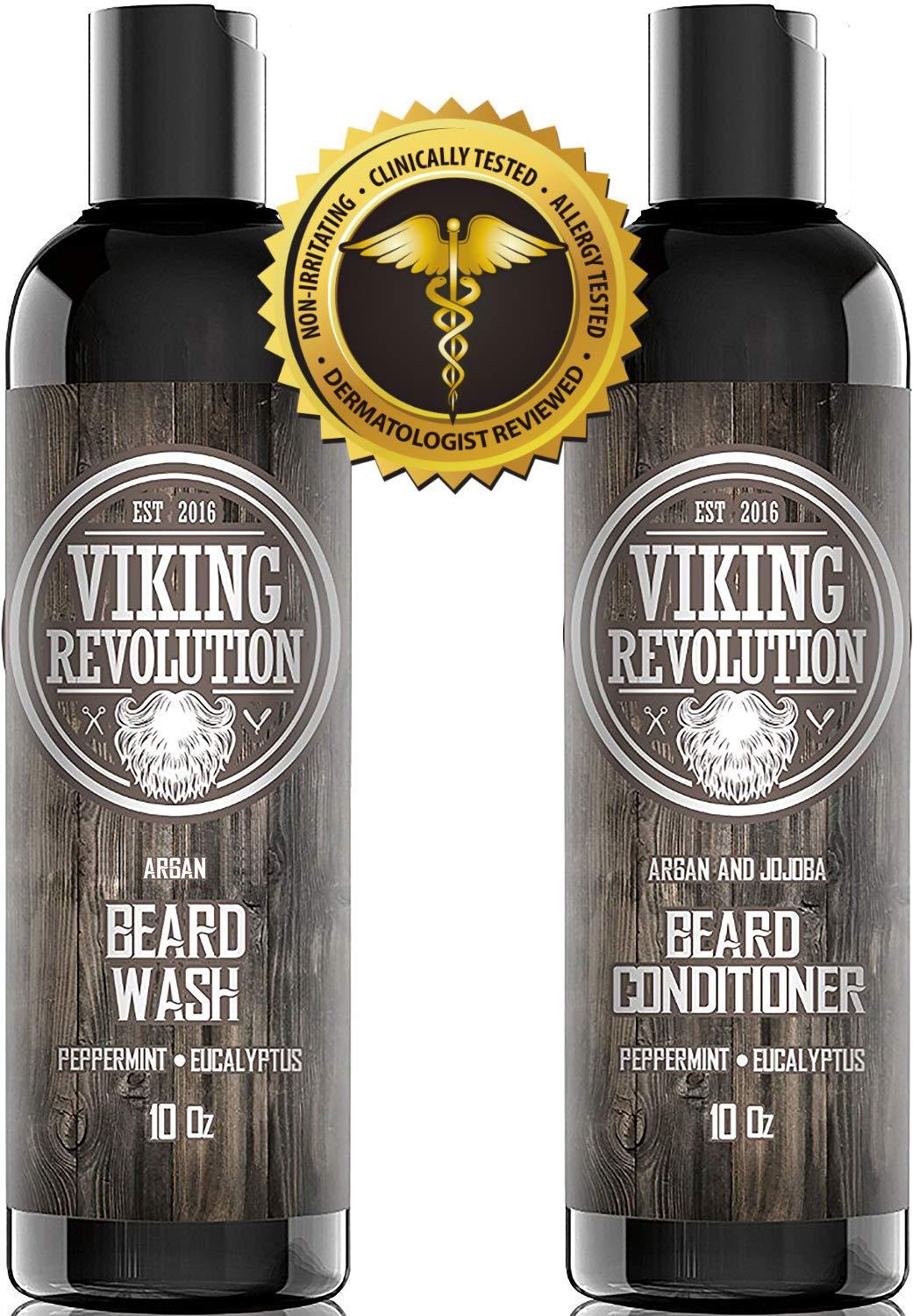 Viking Revolution Viking Revolution Beard Shampoo and Conditioner Set - Top-tier Beard Care Kit with Argan & Jojoba Oils for Healthy Beard Growth, No Itching or Irritation, Rich Lather, Eucalyptus Scent (10 oz)