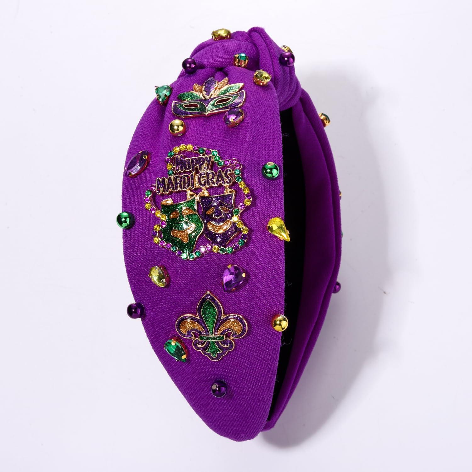 CEALXHENY CEALXHENY Mardi Gras Headband for Women Fleur De Lis Crown Mask Headband Purple Jeweled Rhinestone Pearl Top Knot Headband Carnival Mardi Gras Accessories Parade Party Favors Gifts (Mixed 2 - Purple)