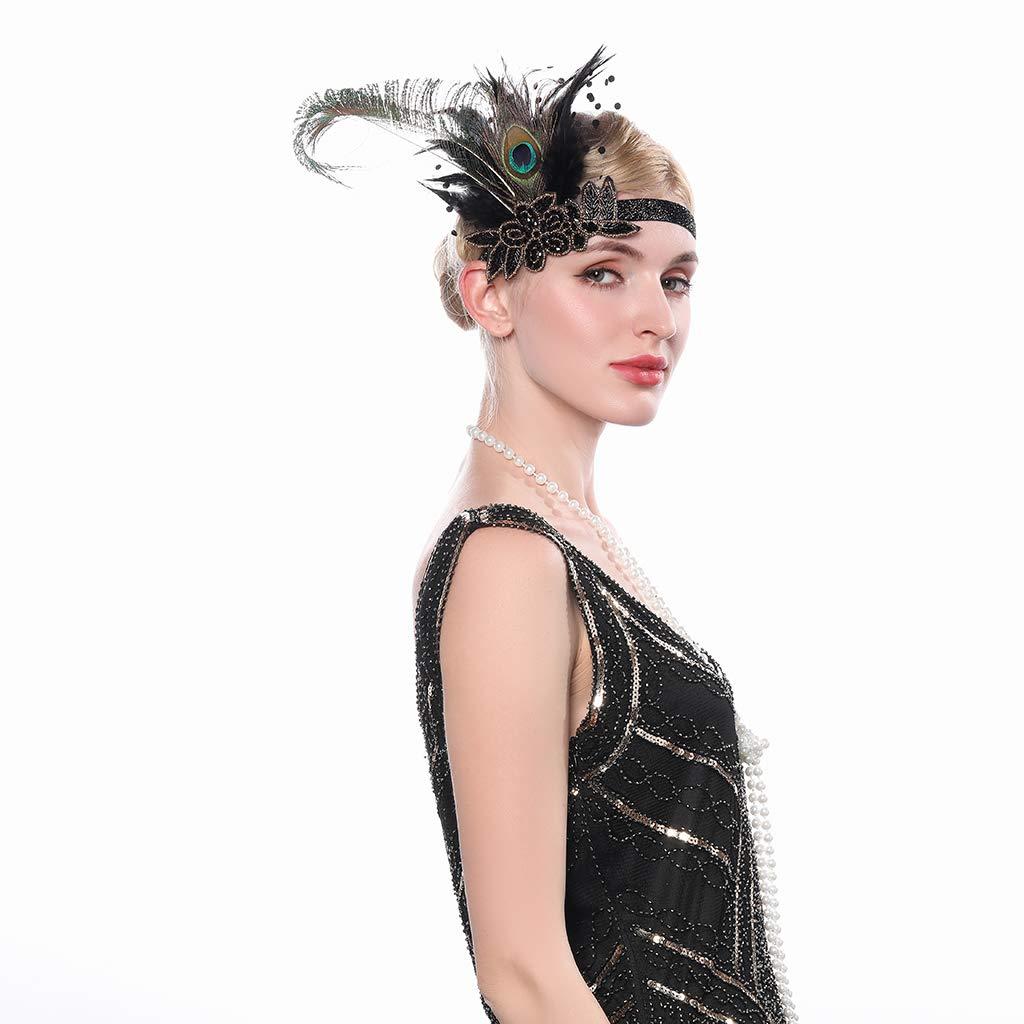 Aimimier Aimimier 1920s Flapper Peacock Feather Headband Beaded Sequined Costume Headpiece with Elastic Band Carnival Party Showgirl Roaring Hair Jewelry