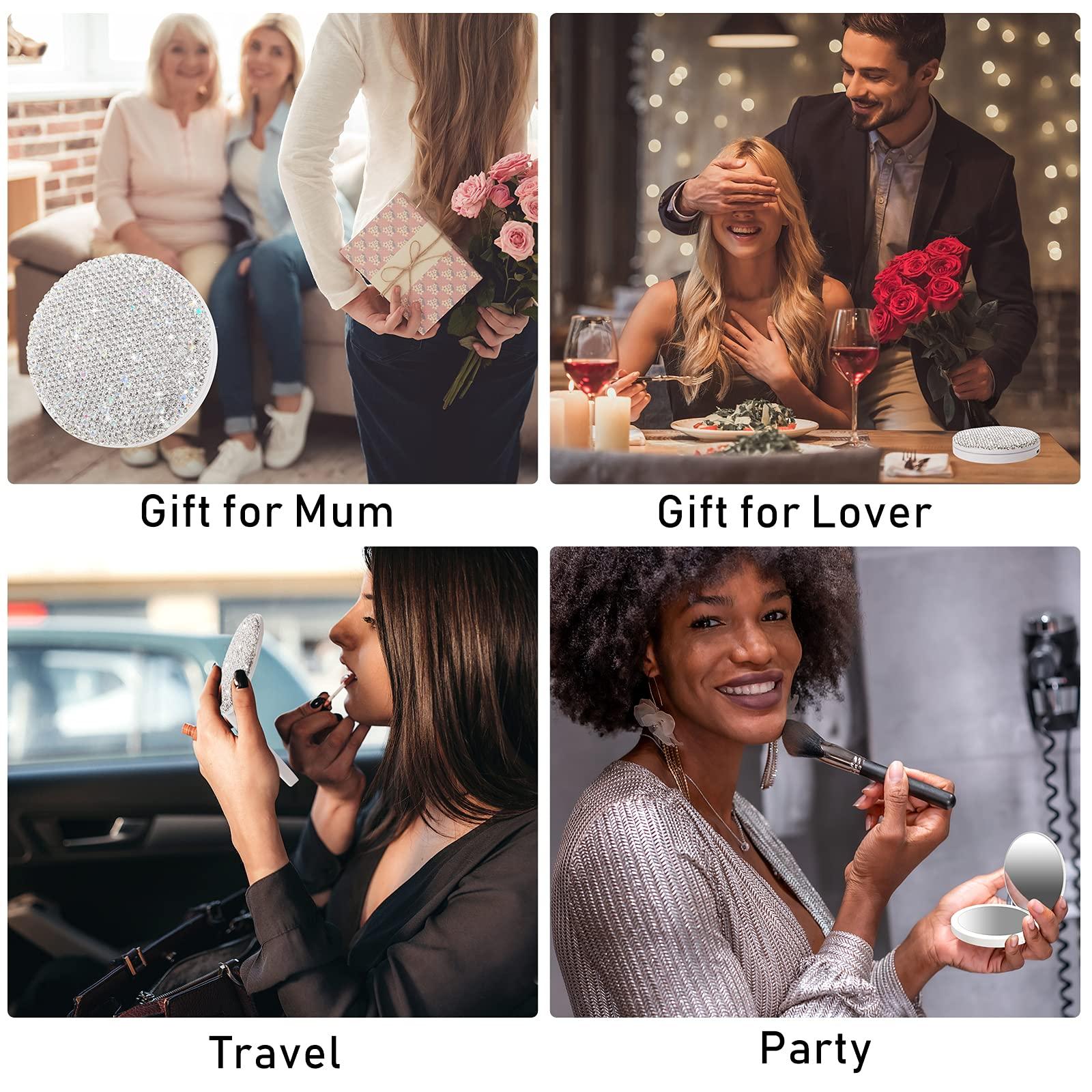 QearFun QearFun Luxurious Rhinestone LED Lighted Compact Mirror,Bling Portable Travel Makeup Mirrors,3.5 inch Rechargeable Mini Magnifying Pockets Mirror,Sparkly Beauty for Women,Wedding Favors for Guests