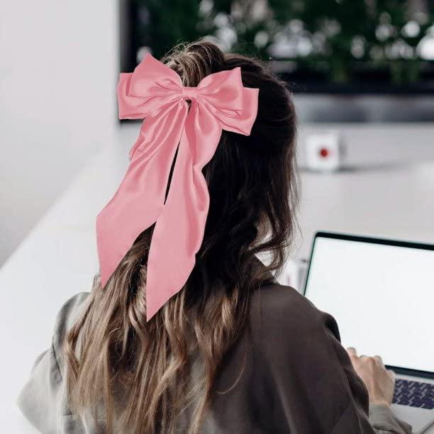 ZEPOLI ZEPOLI Big Satin Layered Hair Bows for Women Girls 11 Inch Barrette Hair Clip Long Black Ribbon Bows French Style Hair Accessories (Pink)