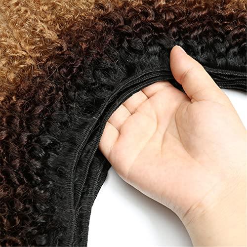 GREEMEO Kinky Curly Human Hair Weave 2 Bundles 12 14 Inch Short Curly Weave Black and Brown and Blonde Ombre 3 Tone Colored Hair Extensions Double Machine Wefted Weaving