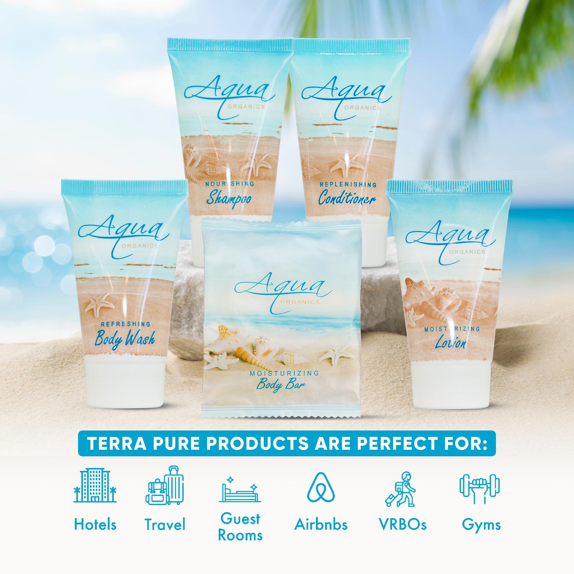 Terra Pure Aqua Organics Hotel Soaps & Toiletries Bulk Set | 1-Shoppe Amenities Kit | 1oz Shampoo & Conditioner, Body Wash, Lotion, 1oz Bar Soap | Travel Size | 150 Pieces