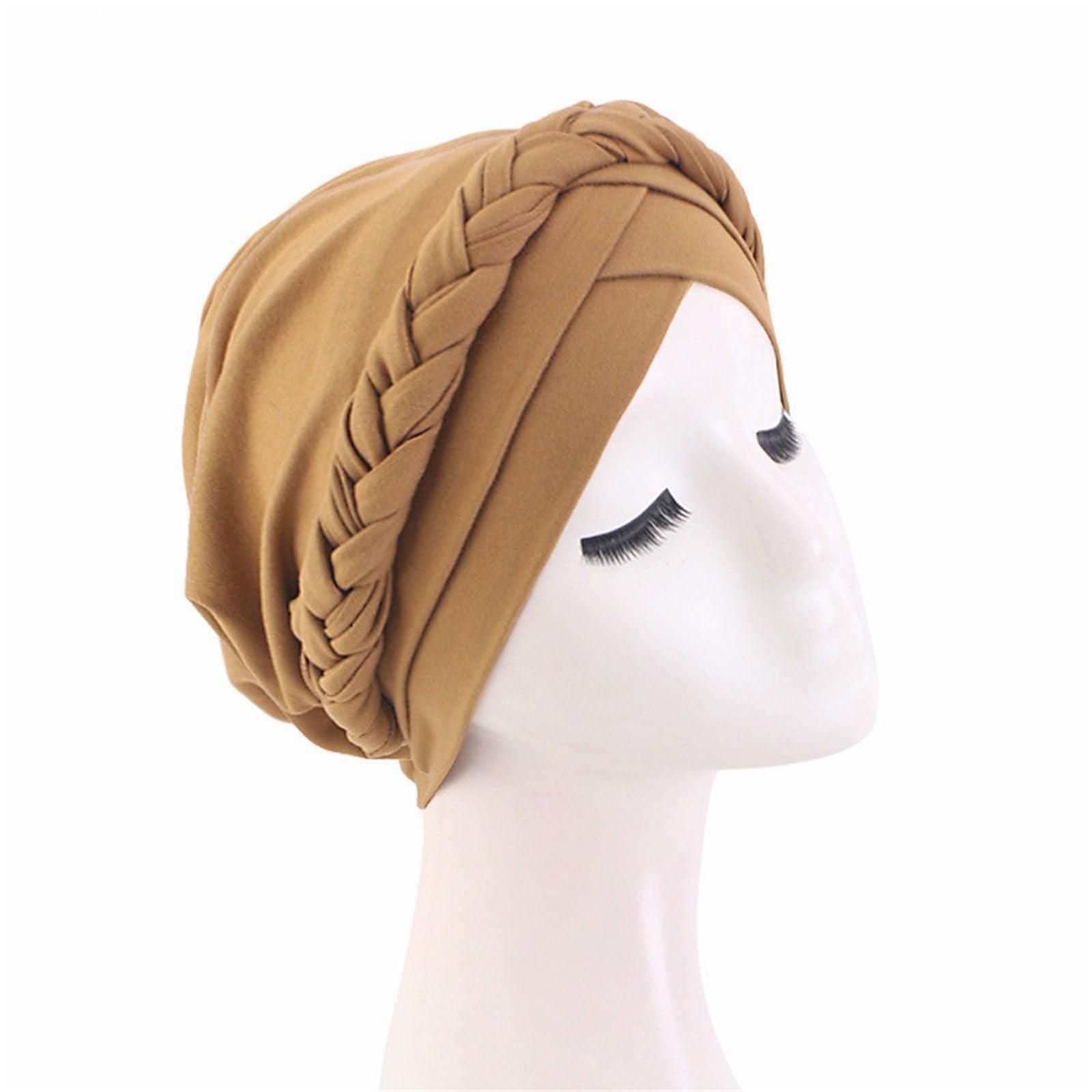 Generic Women African Turban Head Wraps Caps Twisted Braid Beaded Elastic Wrap Cap Headwrap Cancer Hair Cover Hair Loss (Khaki, One Size)
