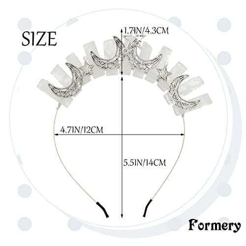 Formery Formery Star White Quartz Headband Silver Crescent Moon Natural Stone Crown Hairband Halloween Cosplay Wedding Crystal Tiara Headpiece for Women