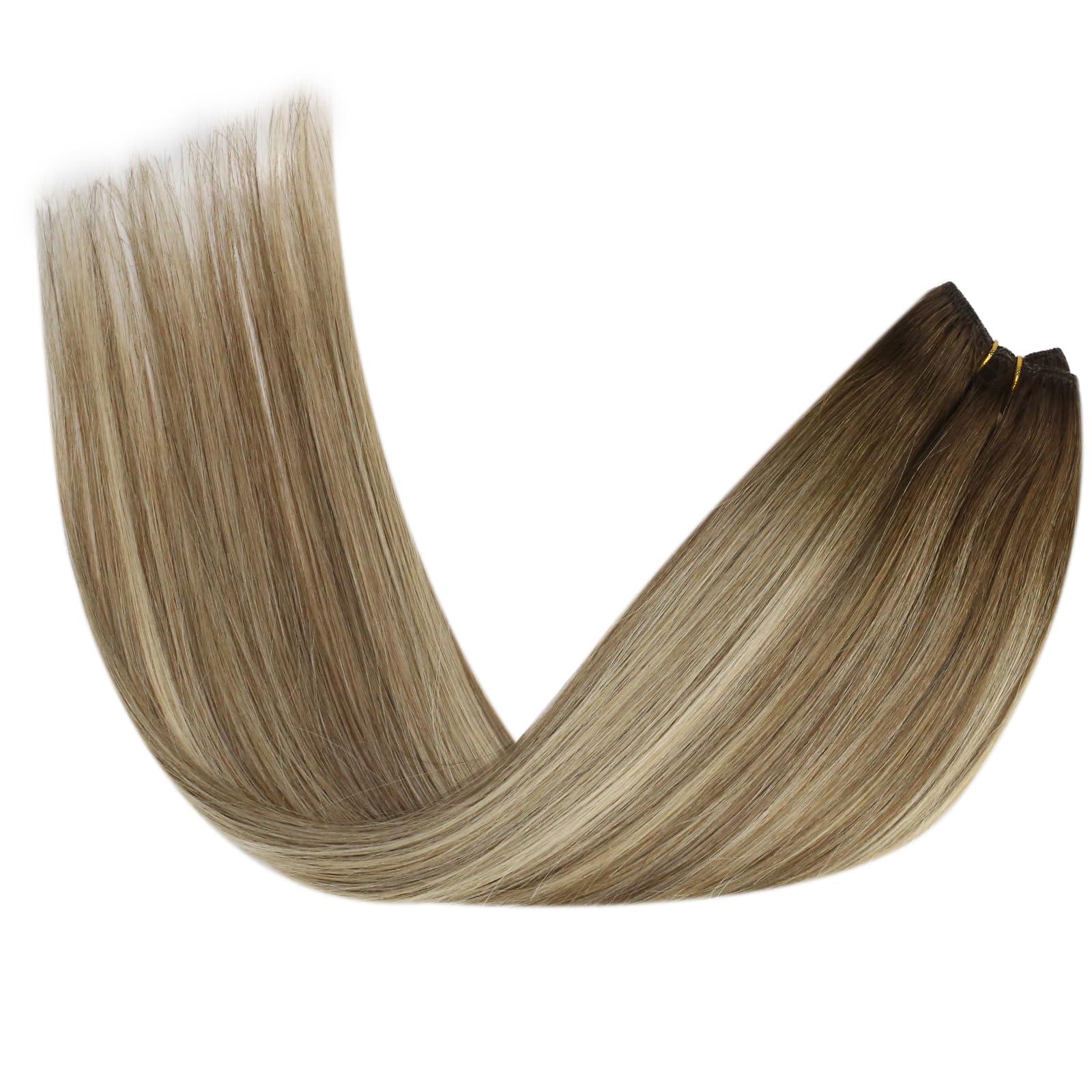Sunny Hair Sunny Hair Beaded Weft Hair Extensions Human Hair 50G Micro Bead Hair Extensions Real Human Hair Vigorous Weft Hair Extensions with Micro Beads Cool Brown Balayage Light Brown to Blonde 16 inch