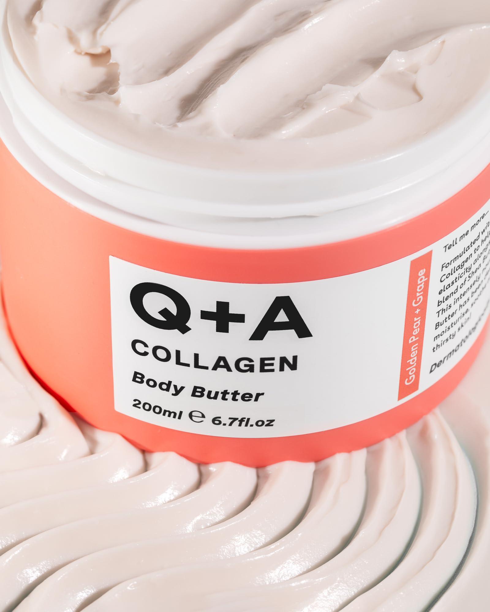 Q+A Q+A Collagen Body Butter: Luxuriously Rich, Intensely Moisturising Vegan Formula with Hydrolysed Vegetable Protein, Shea Butter, Squalane, and Golden Pear and Grape Scent for Soft, Supple Skin, 200ml