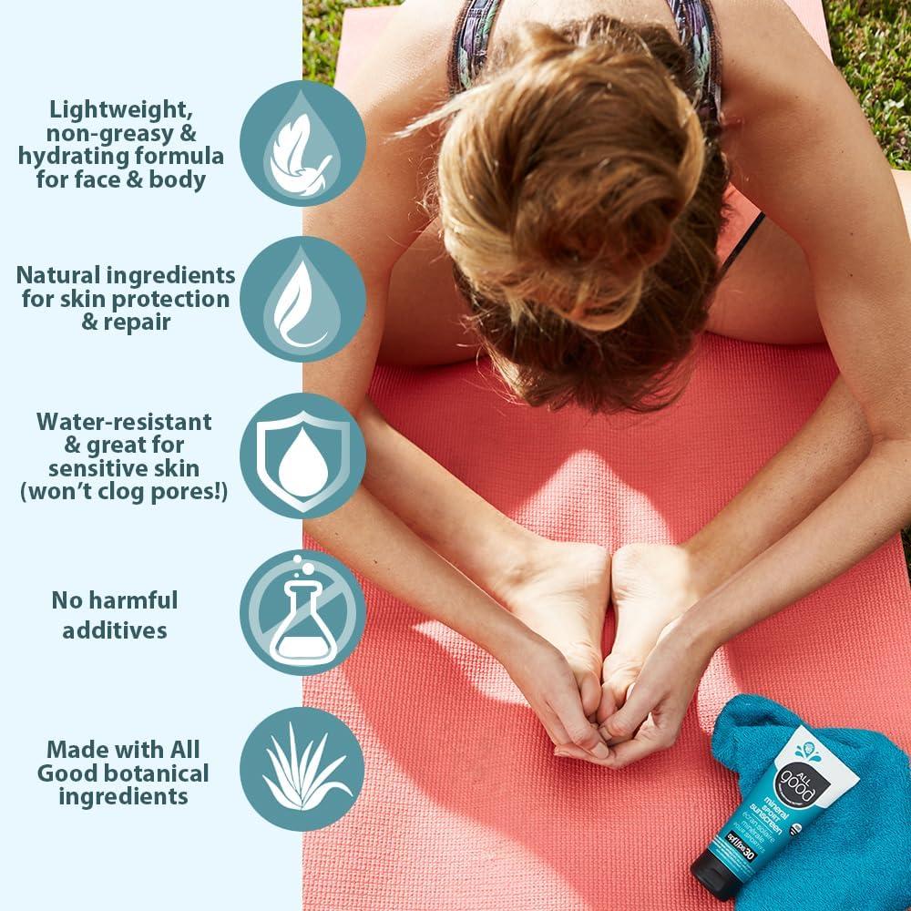 All Good Makes Everything Better All Good Sunscreen - Sport Mineral Sunscreen Lotion, Reef Friendly, SPF 30+ for Face & Body, Water & Sweat Resistant, 2-pack (3 oz)