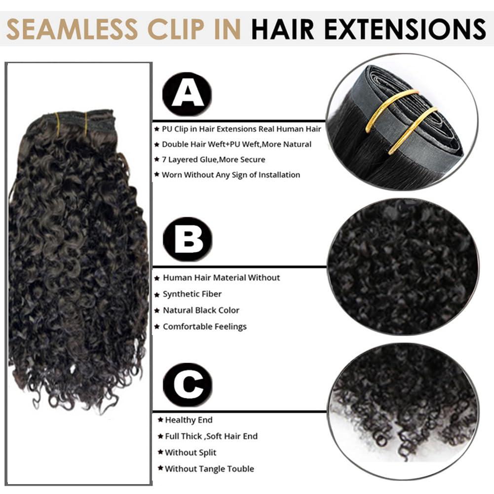 Kiss darling LASHES Seamless PU Clip in Human Hair Extensions for Women,Jerry Curly Human Hair Invisible Clip in Extensions PU Skin Weft Curly Clip Ins Hair Piece 18\"inch 120g