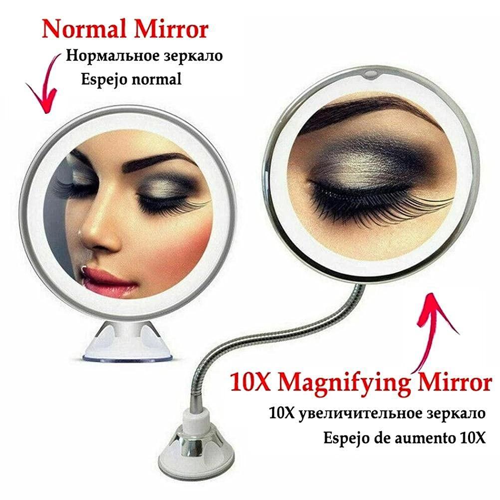 Lseqow Lseqow Makeup Mirror with LED Light, Flexible Makeup Mirror with Suction Cup Swivel 360 Degree Gooseneck 10X Magnifying Mirror for Travel and Home Bathroom Vanity Mirror (Without Batteries)