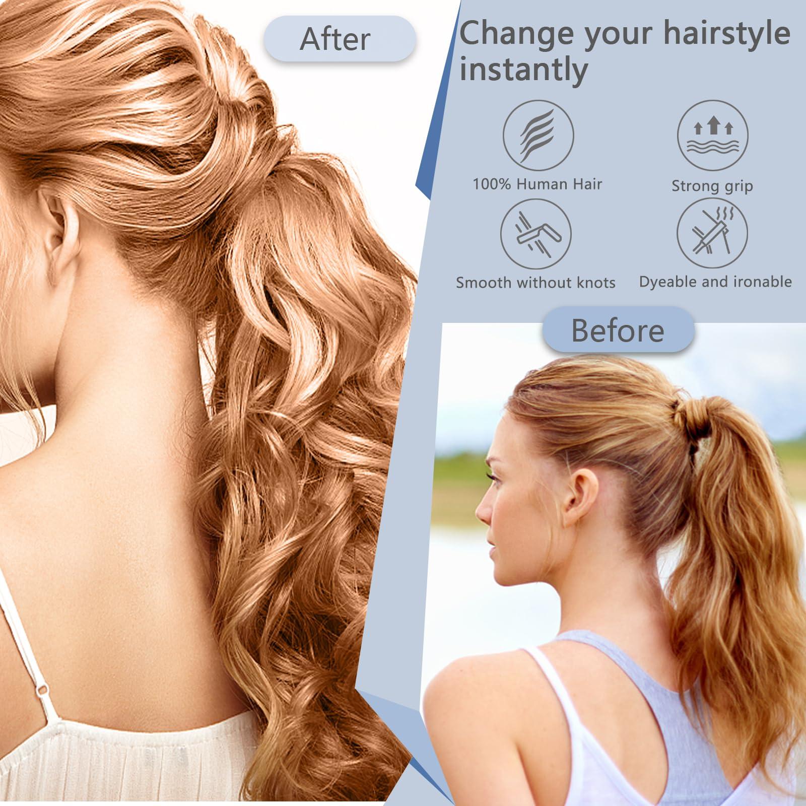 FUOTONBUTY Claw Clip Ponytail Extension 100% Real Remy Human Hairpiece Pony Tails Hair Extensions Long Straight Ponytail for Women (18 inch, Balayage Caramel Blonde to Bleach Blonde)