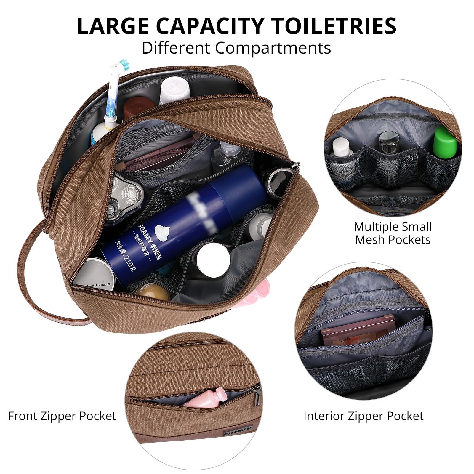 WITZMAN WITZMAN Canvas Toiletry Bag for Men Hanging Dopp Kit Organizer Water-resistant Men Travel Toiletries Bathroom Bag with Wet Pocket(A8001 Brown)