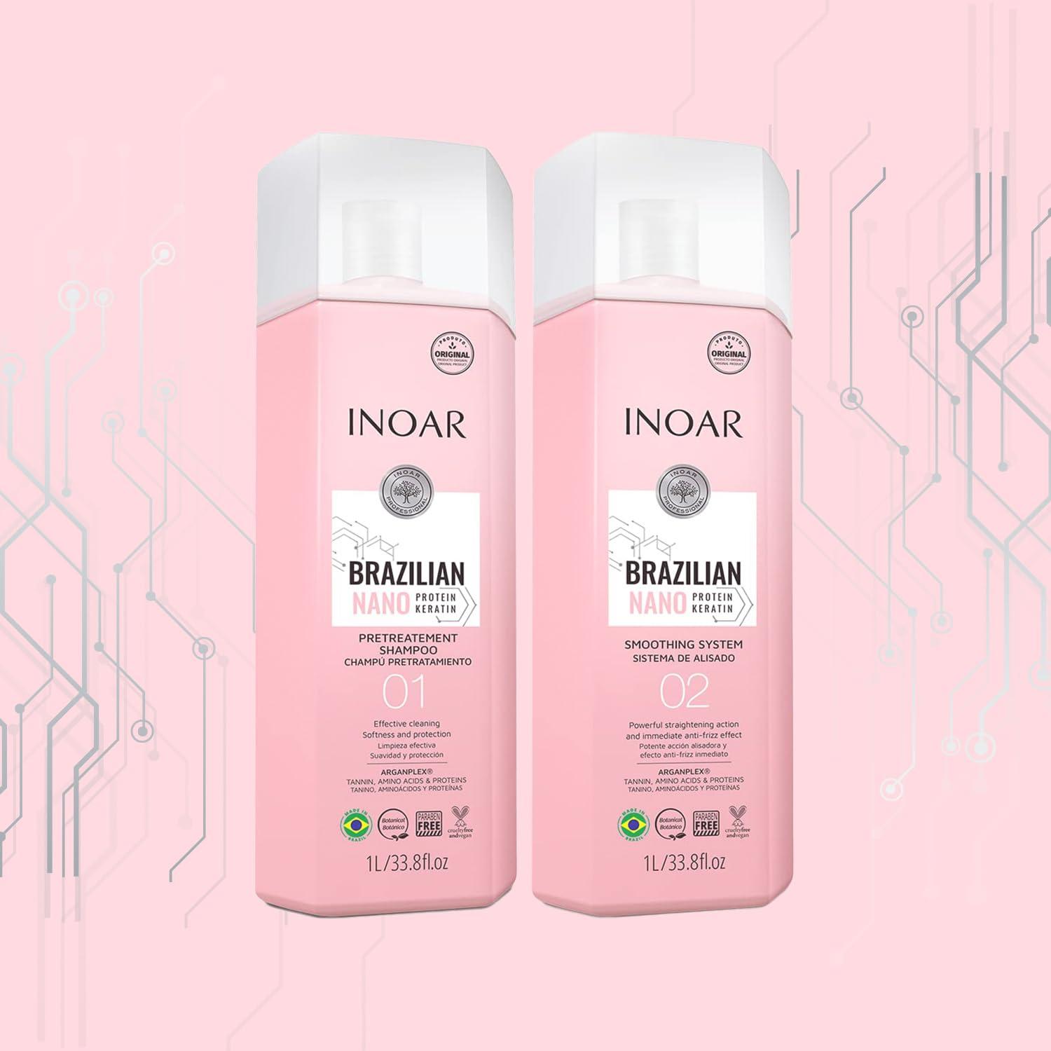 Inoar INOAR - Nano Keratin Deep Cleansing Shampoo (Step 1) & Volume Reducer (Step 2), Chemically Treated Hair, AntiFrizz, Coconut, Vegan Hair Product, Cruelty Free Haircare for Men and Women (1 Liter Duo)