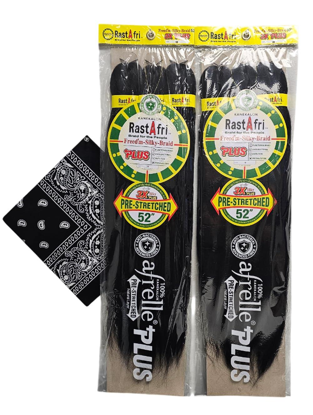 Rastafri RastAfri Pre-Stretched Silky Braiding Hair 3X with Bandana - 2 Packs (#1B)