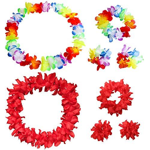 YAXAMING Hawaiian Leis Luau Tropical Headband Flower Crown Wreath Headpiece Wristbands Women Thicker Necklace Bracelets Hair Band For Summer Beach Vacation Pool Party Decorations Favors Supplies Set Red