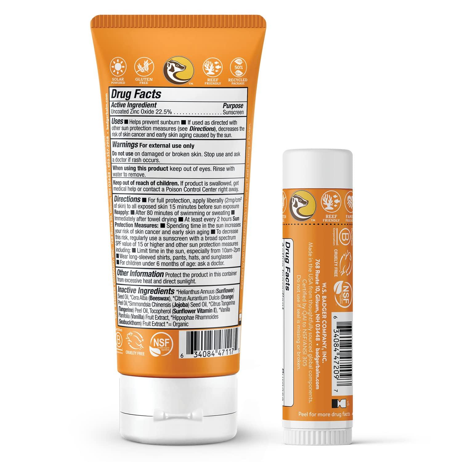 Badger Badger Kids Mineral Sunscreen Combo, SPF 40 Cream and SPF 35 Face Stick, Reef Safe Broad Spectrum Water Resistant with Zinc Oxide, Tangerine and Vanilla