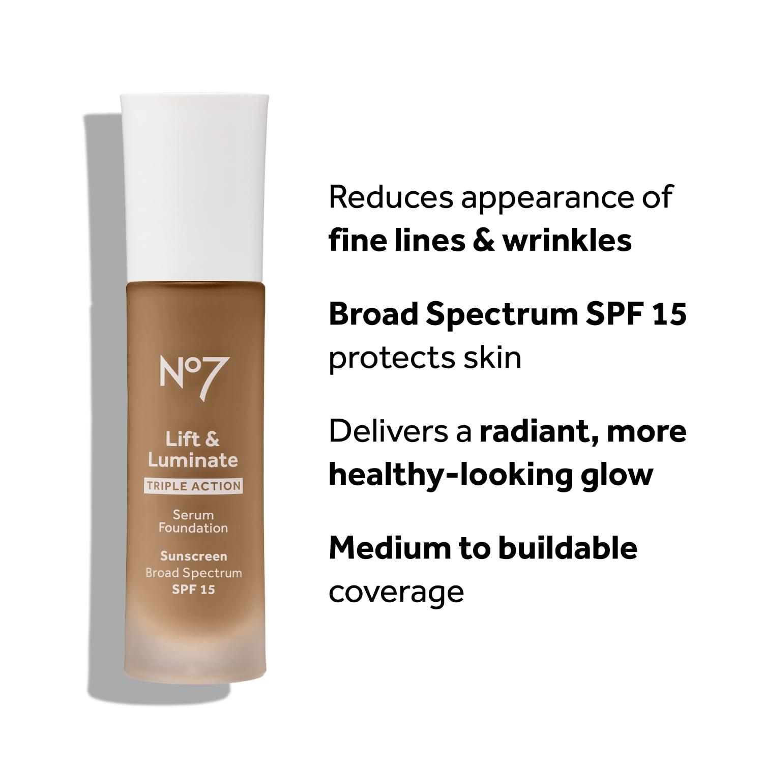 No7 No7 Lift & Luminate Triple Action Serum Foundation - Cashew - Liquid Foundation Makeup with SPF 15 for Dewy, Glowy Base - Radiant Serum Foundation for Mature Skin (30ml)