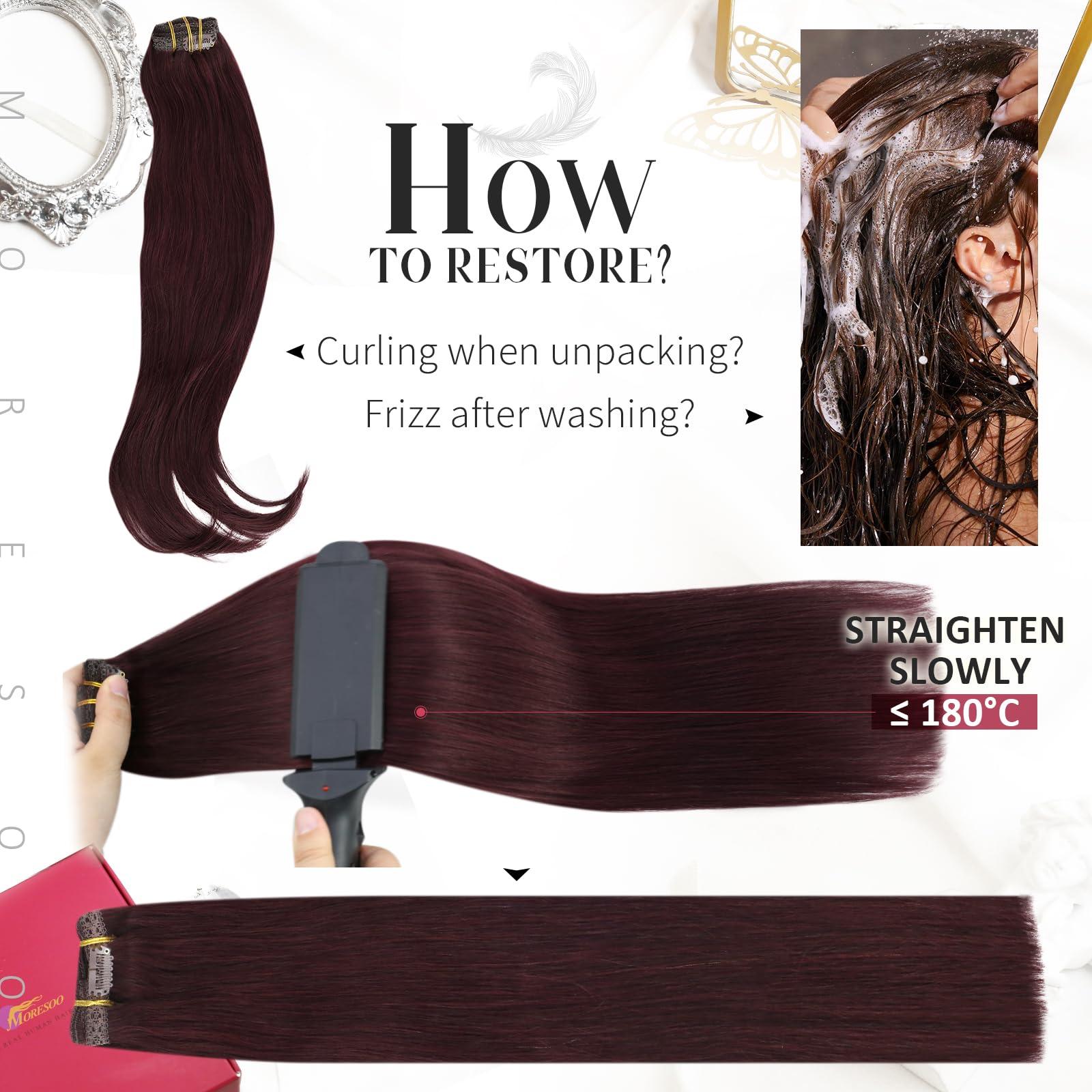 Moresoo Moresoo Burgundy Human Hair Clip in Extensions 24inch Wine Red Hair Extensions Clip in Human Hair Double Weft Clip in Human Hair Extensions Red Wine #99J Full Head Set 7Pieces 120Grams