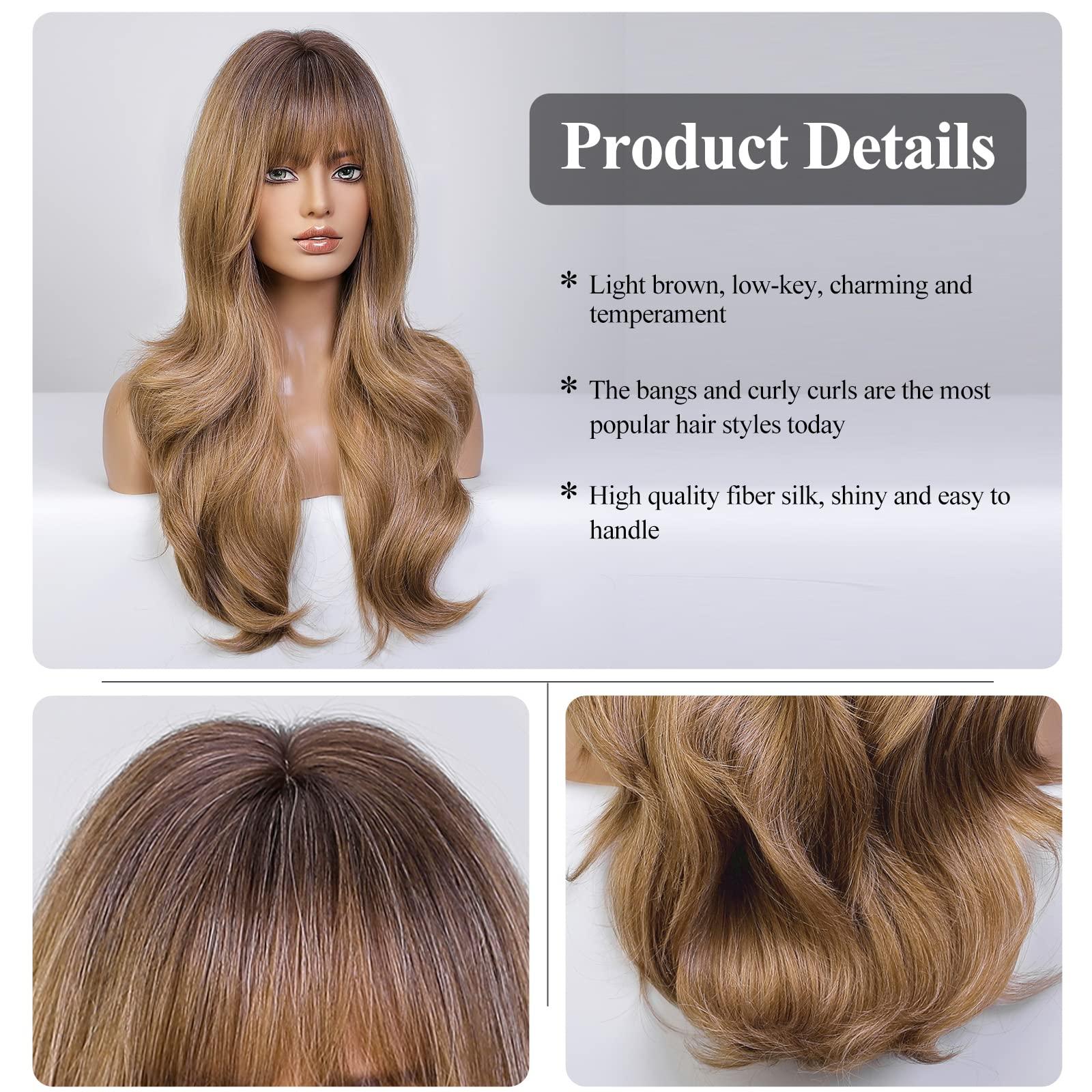 HAIRCUBE HAIRCUBE Light Brown Long Curly Wig with Bangs Heavy Blonde Natural Appearance Heat-Resistant Synthetic Wig Suitable for Fashionable Women 24Inch