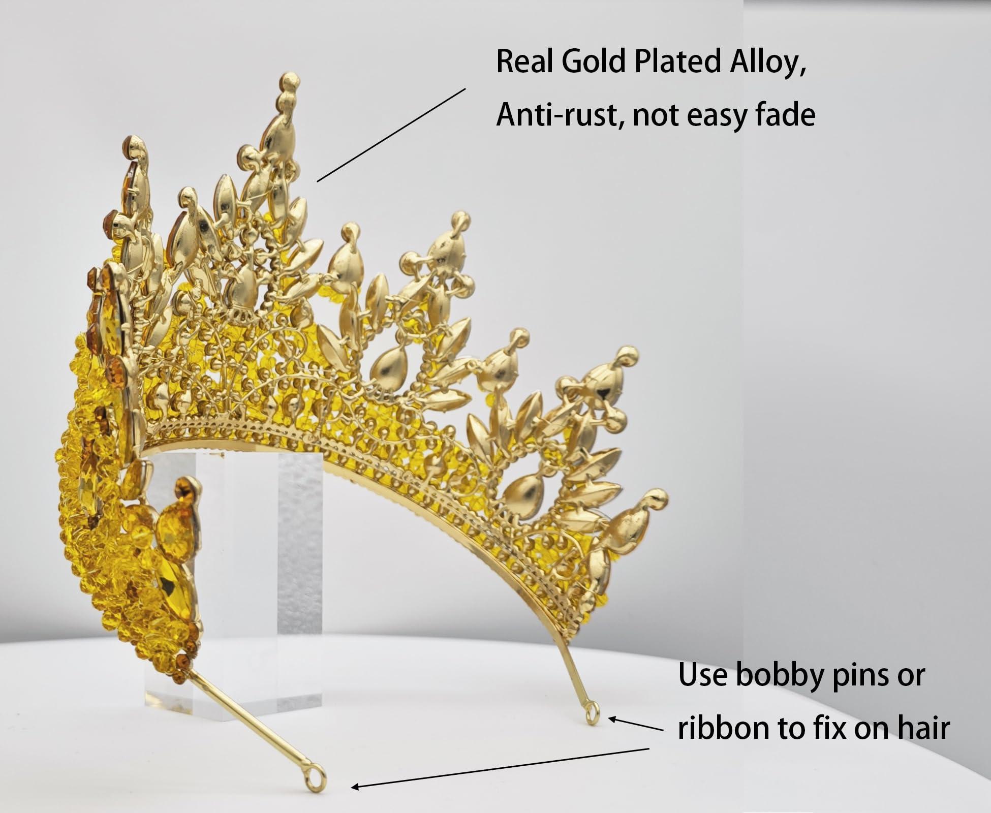 QXMYOO Tall Pageant Crowns for Girls Yellow Stones Royal Queen Tiaras for Adult Extra Large Wedding Headband Princess Quinceanera Prom Costume Cosplay Headpieces
