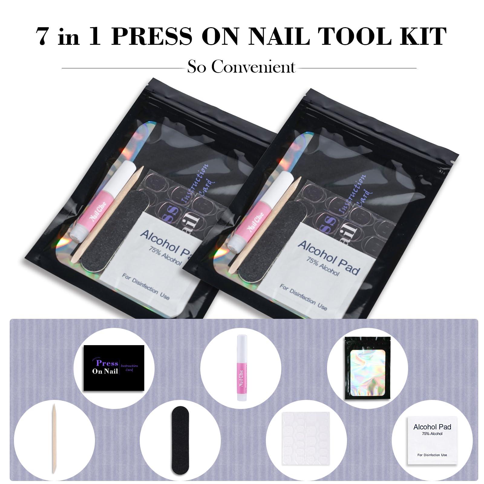 Uyolaxed Disposable Nail Supplies Kits,Professional Manicure Press On Nail Tool Kit with Nail File,Nail Buffer,Adhesive Tabs,Nail Glue,Sticks, Prep Pads,Bags,Cards for Nail Business (Black-350pcs50set)