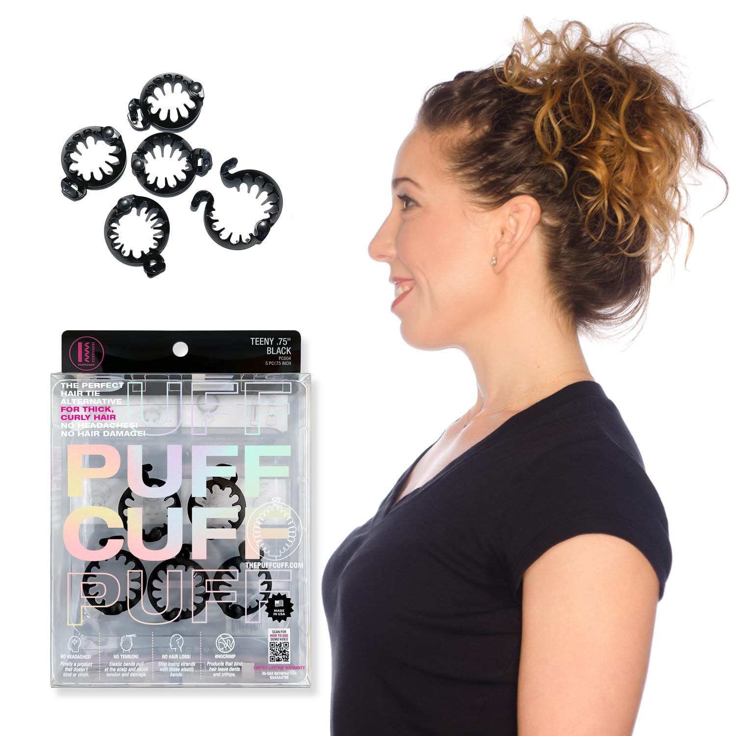 PuffCuff PuffCuff Teeny 0.75\" Hair Clamps, For All Natural, Fine Loose Curls, Thick, Coiled, Coarse, and Frizzy Hair, Painless, Damage-Free Styling Tool, Black, 5 Pieces