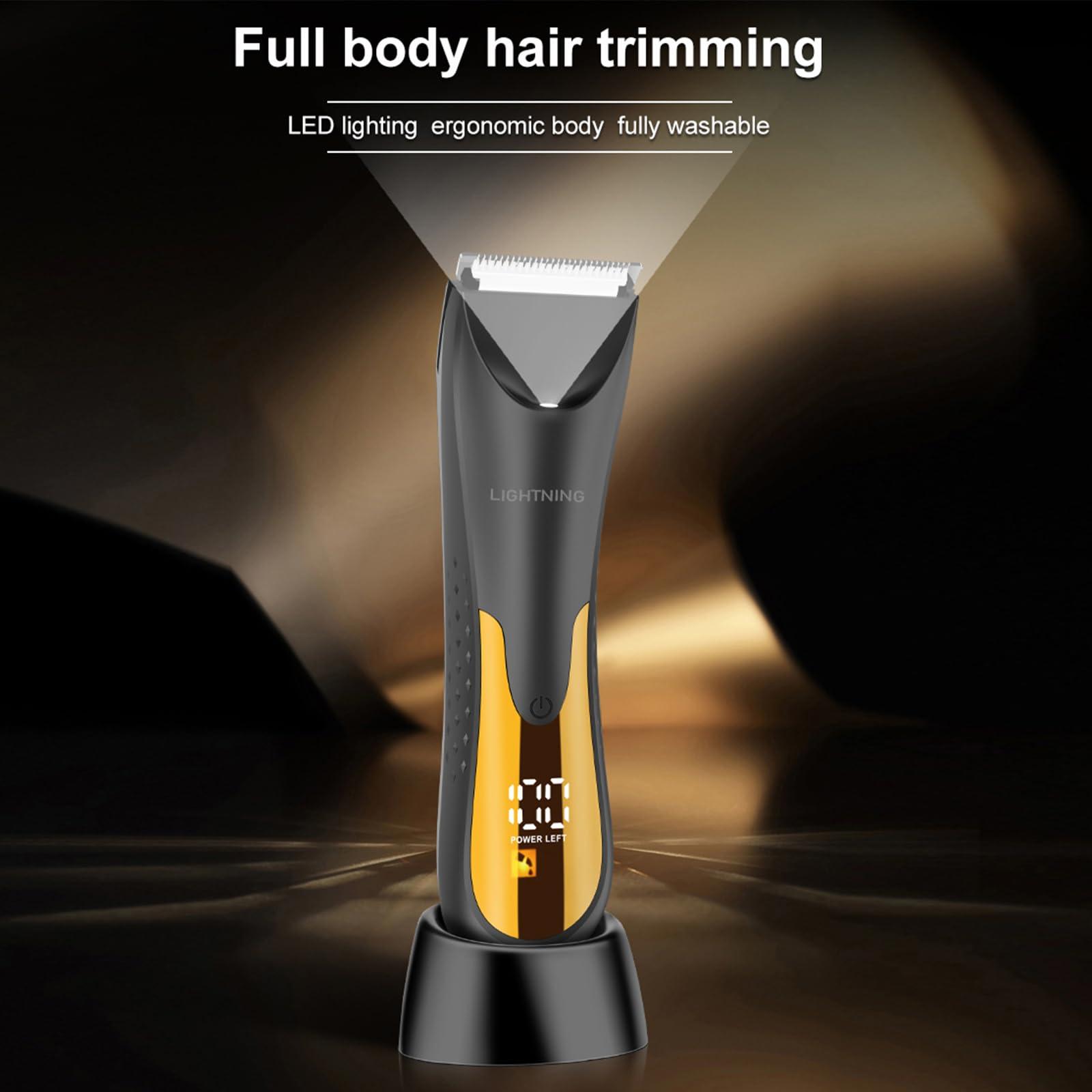 lightning LIHTNING Beard Trimmer for Men, Rechargeable Shavers for Men, Electric Razor for Men, Waterproof Groin Hair Trimmer Body Trimmer, Pubic Hair Trimmer with Standing Recharge Dock(golden)