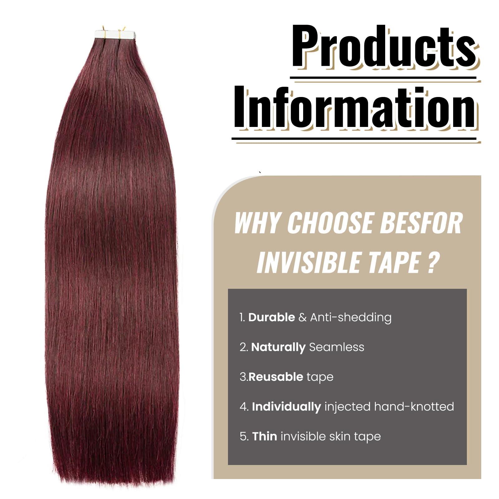 Munx Wine Red Tape in Hair Extensions Human Hair Invisible Hair Extensions Tape in Burgundy Tape in Extensions Real Hair Seamless Tape in Human Hair Extensions 22 Inch #99J 20pcs 60g