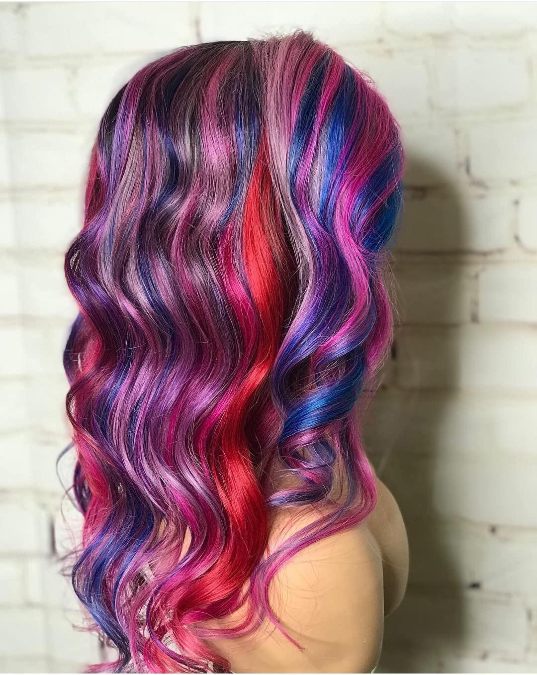 HAOKE Highlight Blue Purple Wig Body Wave Lace Front Wig Colorful Wigs Pre Plucked Bleached Knots Lace Front Wig Glueless Human Hair Wigs For Black Women(20inch, Highlight Blue Purple)