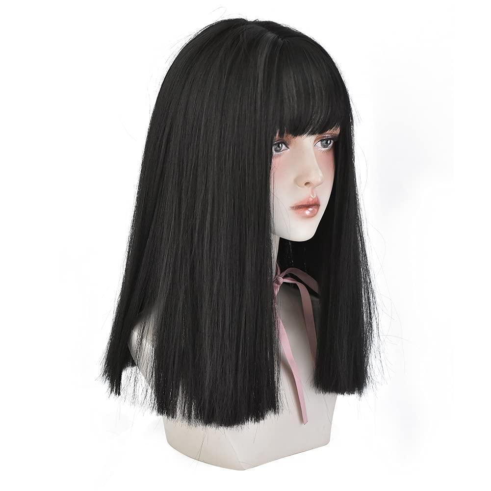 HUAISU HUAISU Long Black Straight Hair Wig with Bangs Synthetic High Density Long Hair Wig for Women (Natural Black, 18inch)