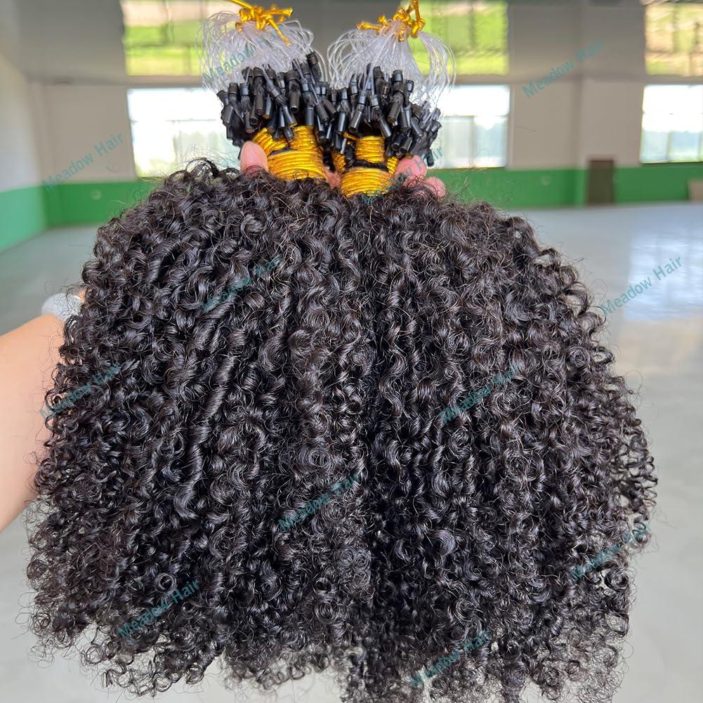Meadow hair Afro Kinky Curly Micro Link Human Hair Extensions Brazilian Virgin Micro Links Hair Extensions 100 Strand Micro Loop Real Human Hair Extensions For Black Women 80G 14Inch