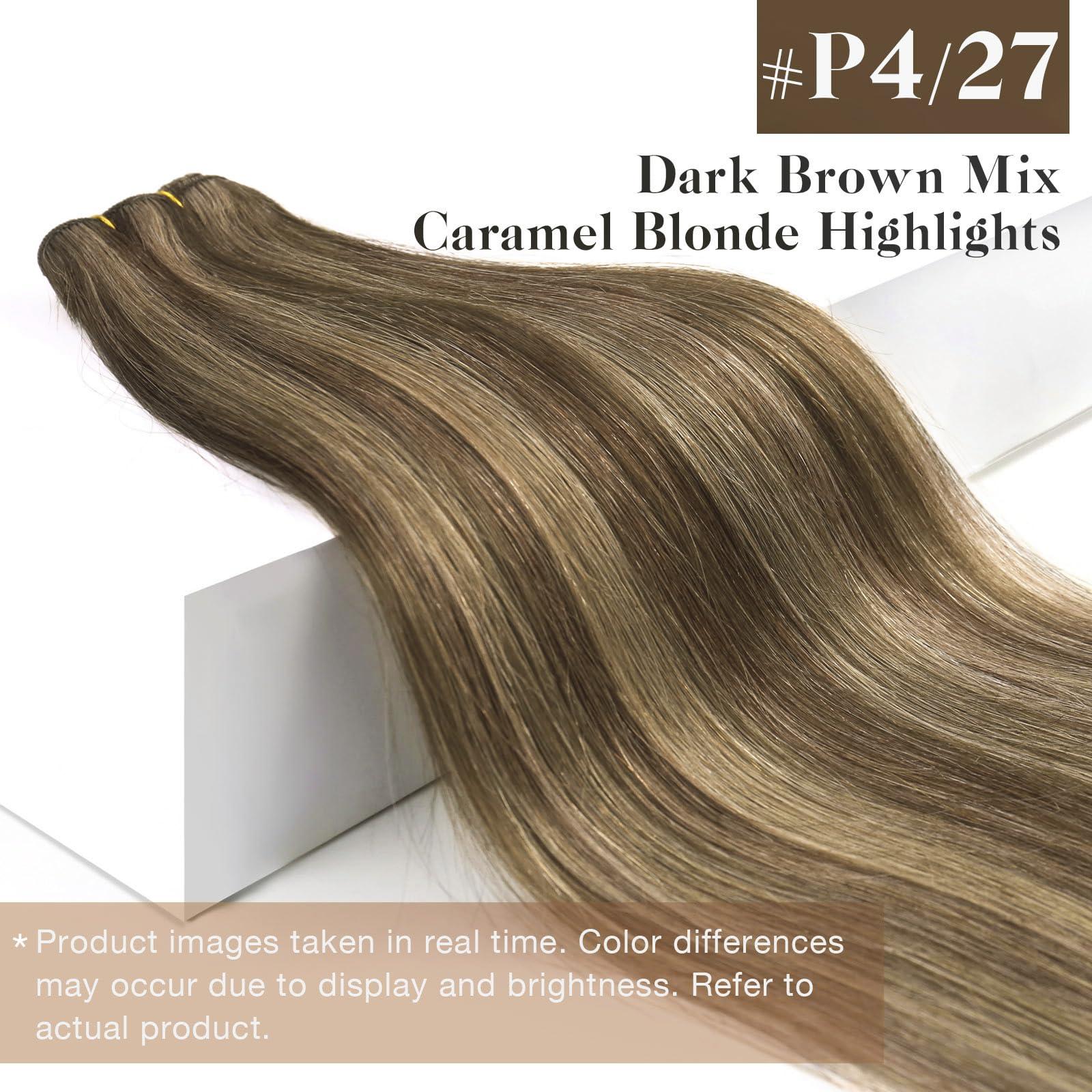 Sunny Hair Sunny Weft Hair Extensions Human Hair Brown Highlights Sew in Hair Extensions Real Human Hair Dark Brown with Caramel Blonde Weft Hair Extensions Thick End 14inch 70g