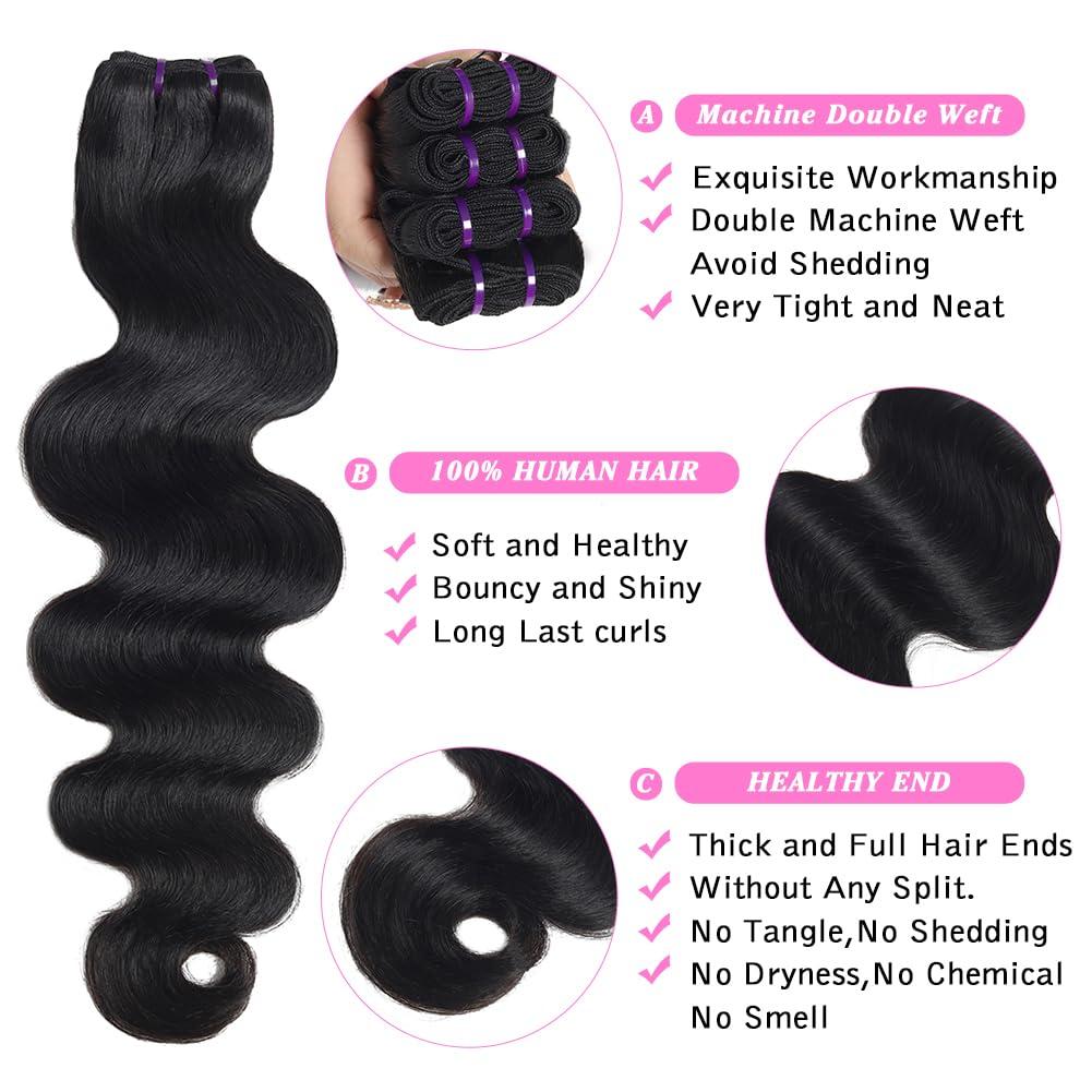 Beauty Queen Beauty Queen 16A Body Wave Bundles Human Hair (22 20 18 Inch) 100% Unprocessed Virgin Remy Human Hair 3 Bundles Full And Thick Quick Weave Hair Bundles Natural Color Hair Extensions