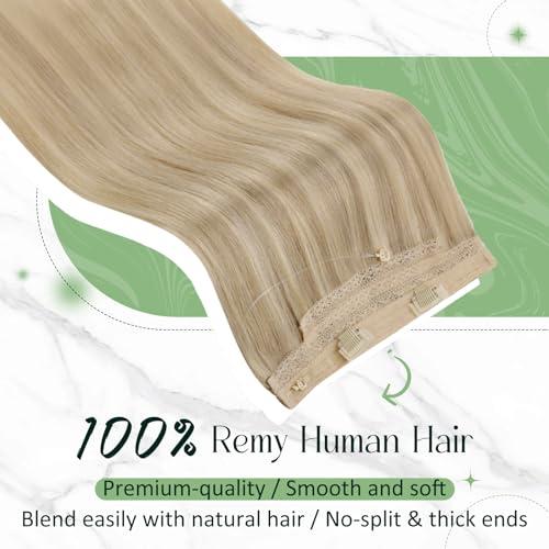 RUNATURE RUNATURE Wire Human Hair Extensions Dark Blonde Highlight Golden Blonde Fish Wire Hair Extensions Real Human Hair Invisible Wire Hair Extensions 16 Inch 80g