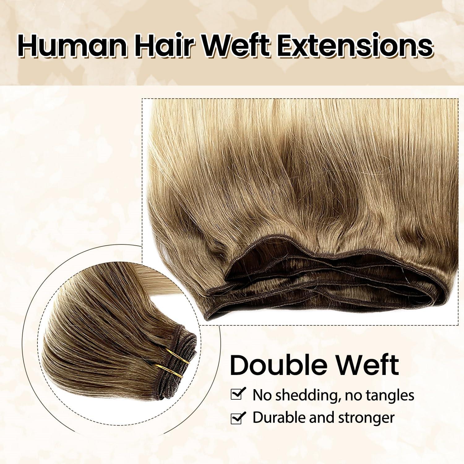 Benafee Sew in Weft Hair Extensions Human Hair, Ombre Hair Wefts Human Hair Sew in Bundles for Women Ash Brown to Platinum Blonde Human Hair Weft Sew in Genius Weft Hair Extensions Human Hair 14 Inch 80G