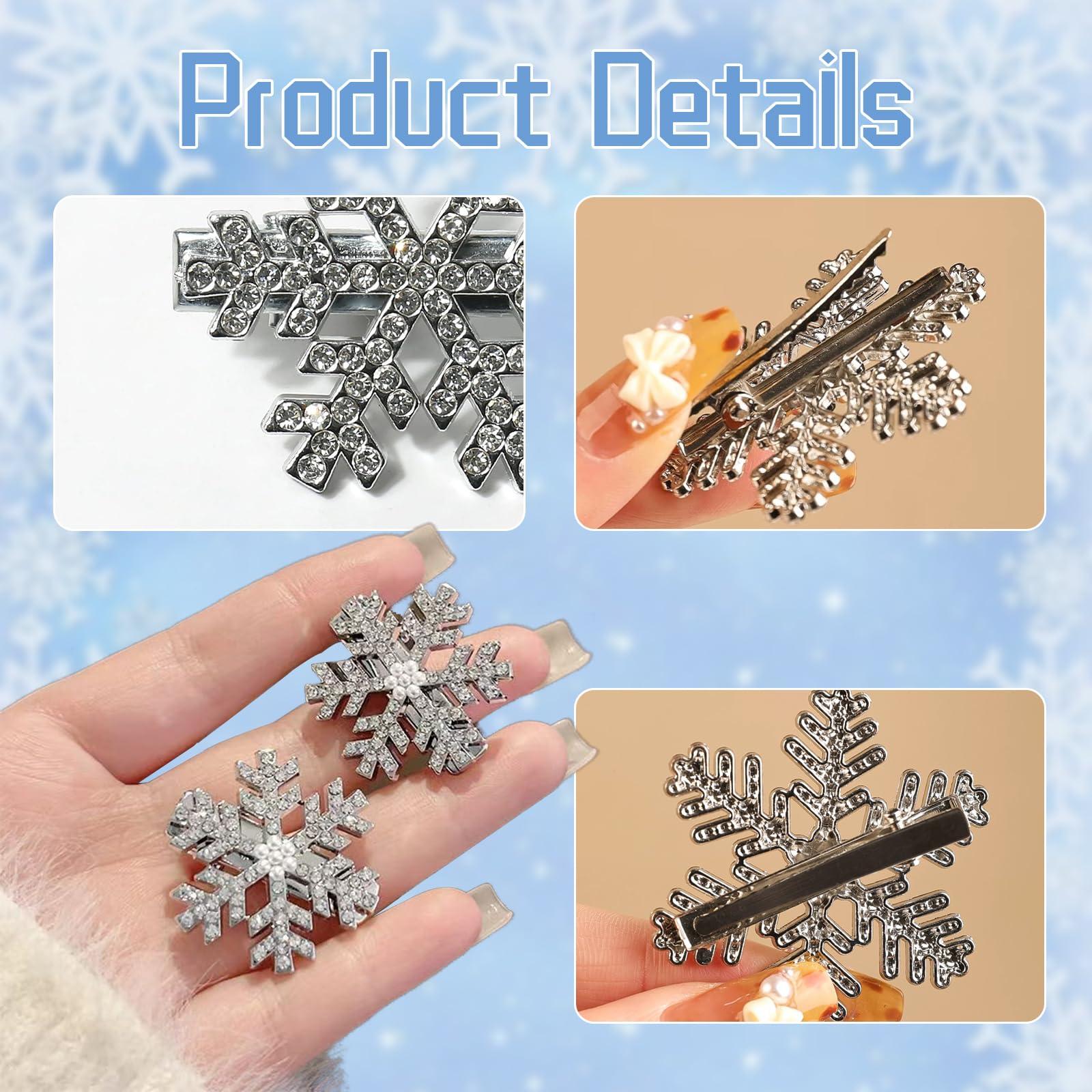 DUOJINSANXI 12 Pcs Snowflake Hair Clips, Snowflake Hair Accessories, Rhinestone Pearl Hair Clips, Christmas Sparkly Hair Clips, Cute Hair Pins, Small Silver Metal Hair Barrettes for Women Girls