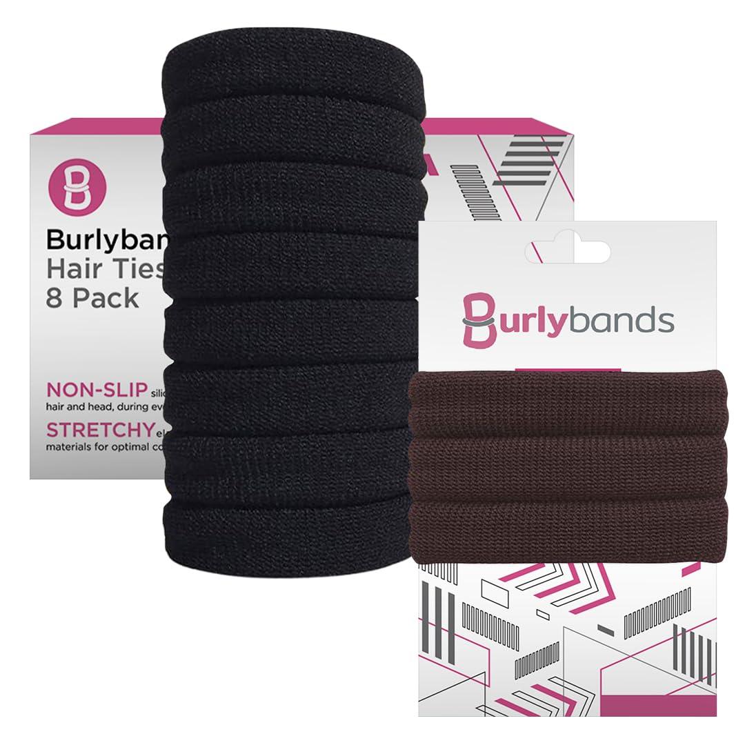 Burlybands Burlybands Large Hair Ties for Thick Heavy or Curly Hair. No Slip No Damage Seamless Ponytail Holders Scrunchies Sports Thick Hair Ties (Black 8 Pack + Brown 3 Pack)