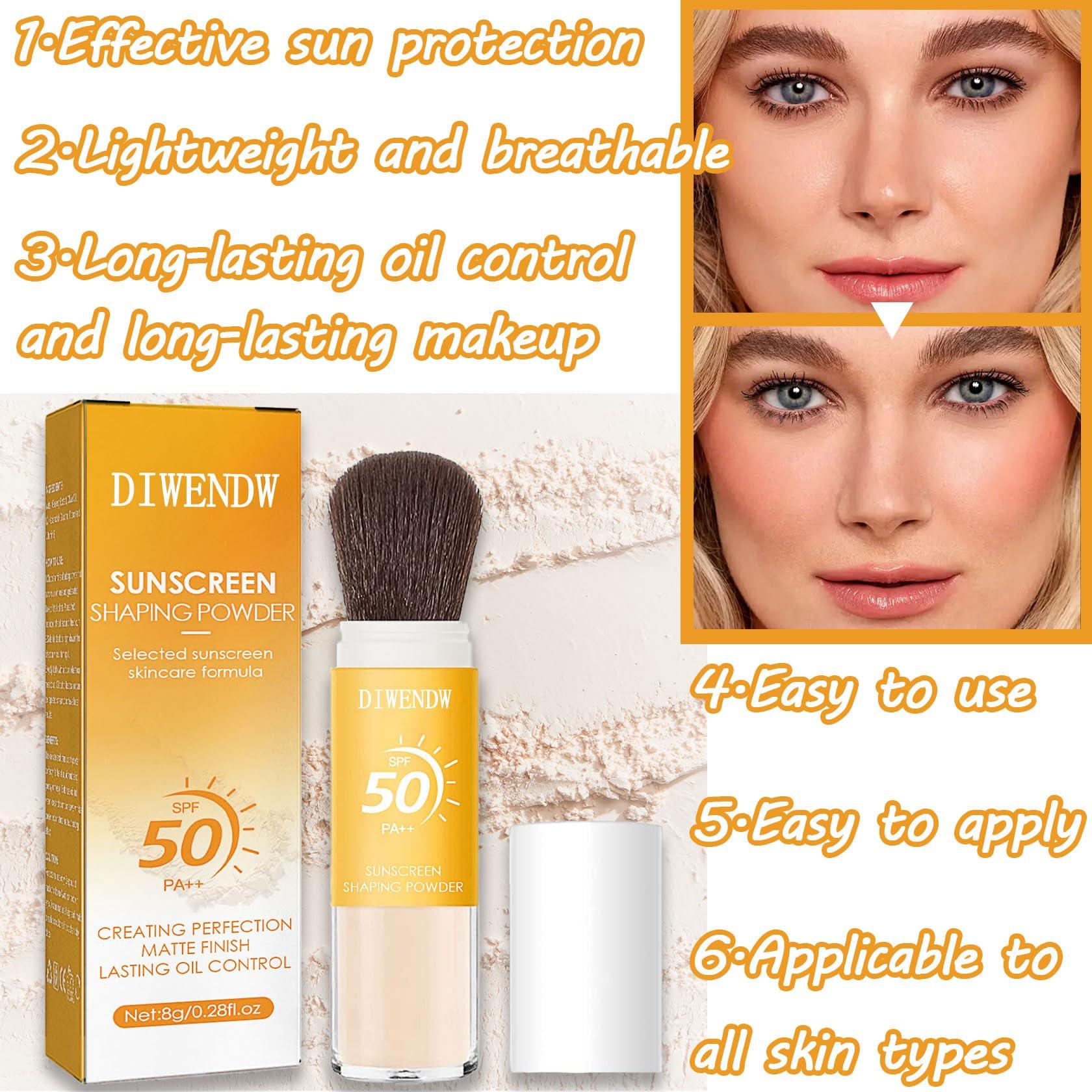 DWDiWen Mineral Sunscreen Setting Powder SPF 50 PA++,Breathable Sun Screen with Brush,Lightweight Long Lasting Oil Control Face Sunscreen,Matte Concealer Setting Powder for All Skin Types
