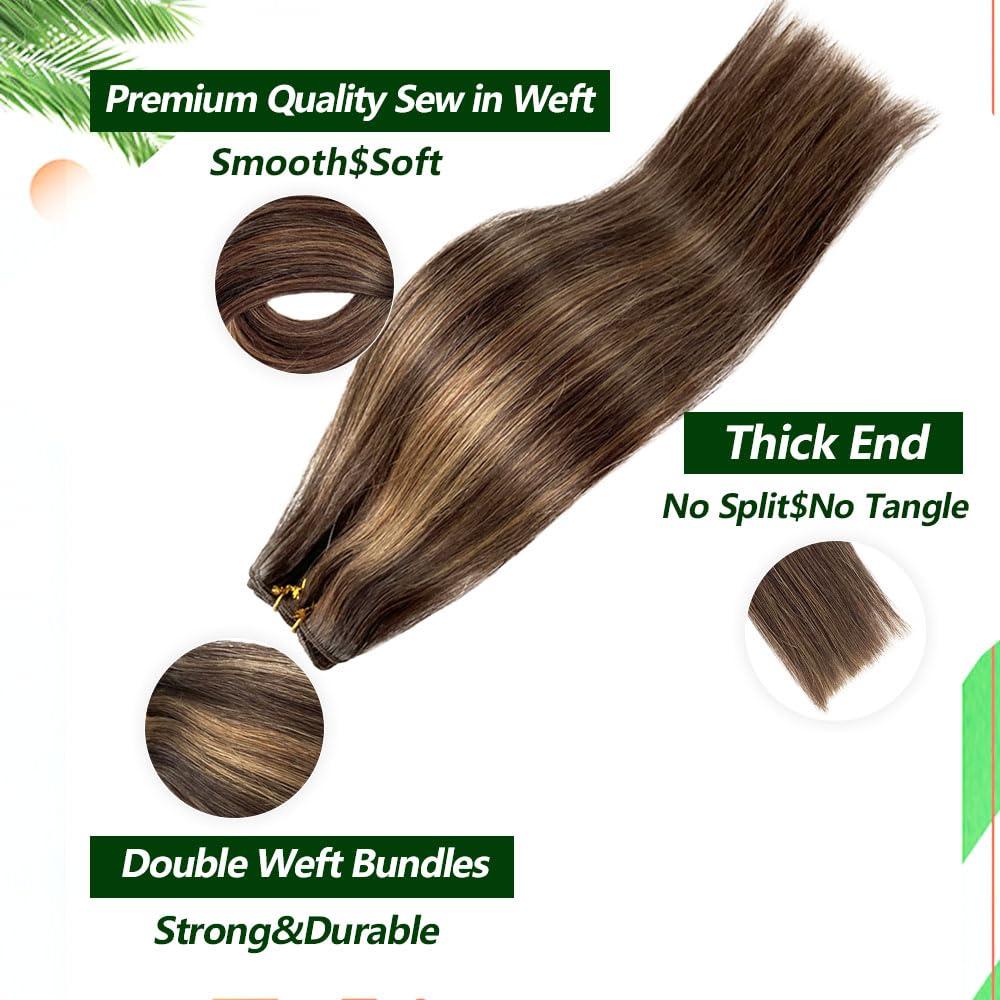 Valiilo Weft Hair Extensions Human Hair 24 Inch Sew in Hair Extension Real Human Hair 120G Double Weft Ombre Light Brown to Ash Brown Highlights Sew in Human Hair Extension Full Head Remy Hair Weft Extension