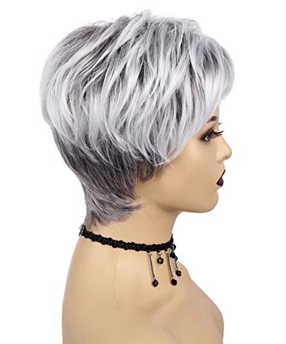 Happy Cherry Happy Cherry Short Hair Wigs with Bangs for White Women Ombre Wigs White Human Hair Wig Fluffy Shag Wig Synthetic Mom Wigs With Cap Comb