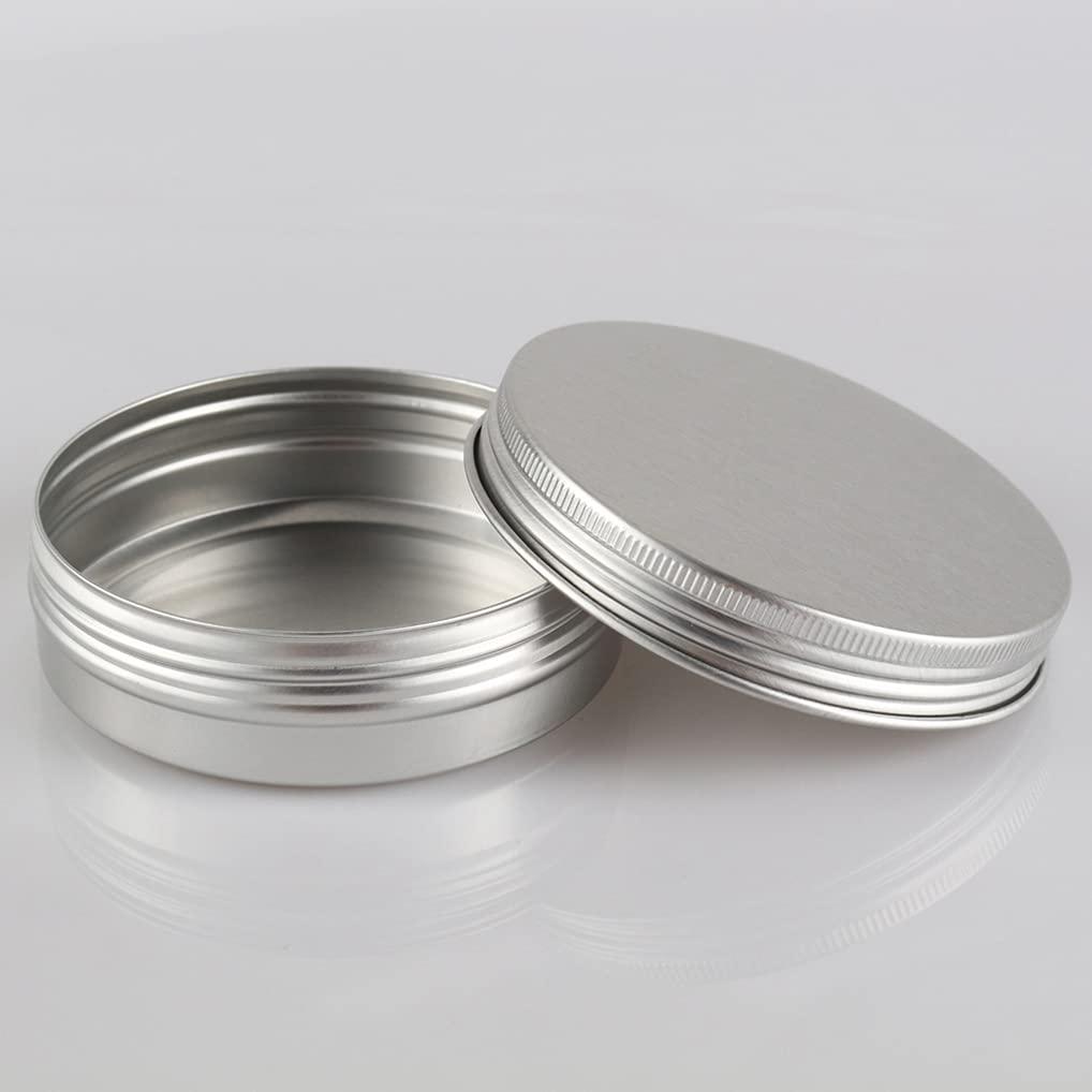 Dlibuy DLIBUY 50 Pcs 100ml 100g Empty Round Silver Aluminum Tin Jars with Screw Lids Cosmetics Lip Balm Containers Pots for DIY Candle, Salve Powder, Crafts, Storage Cans 3 Alu Spoon, 50 Labels