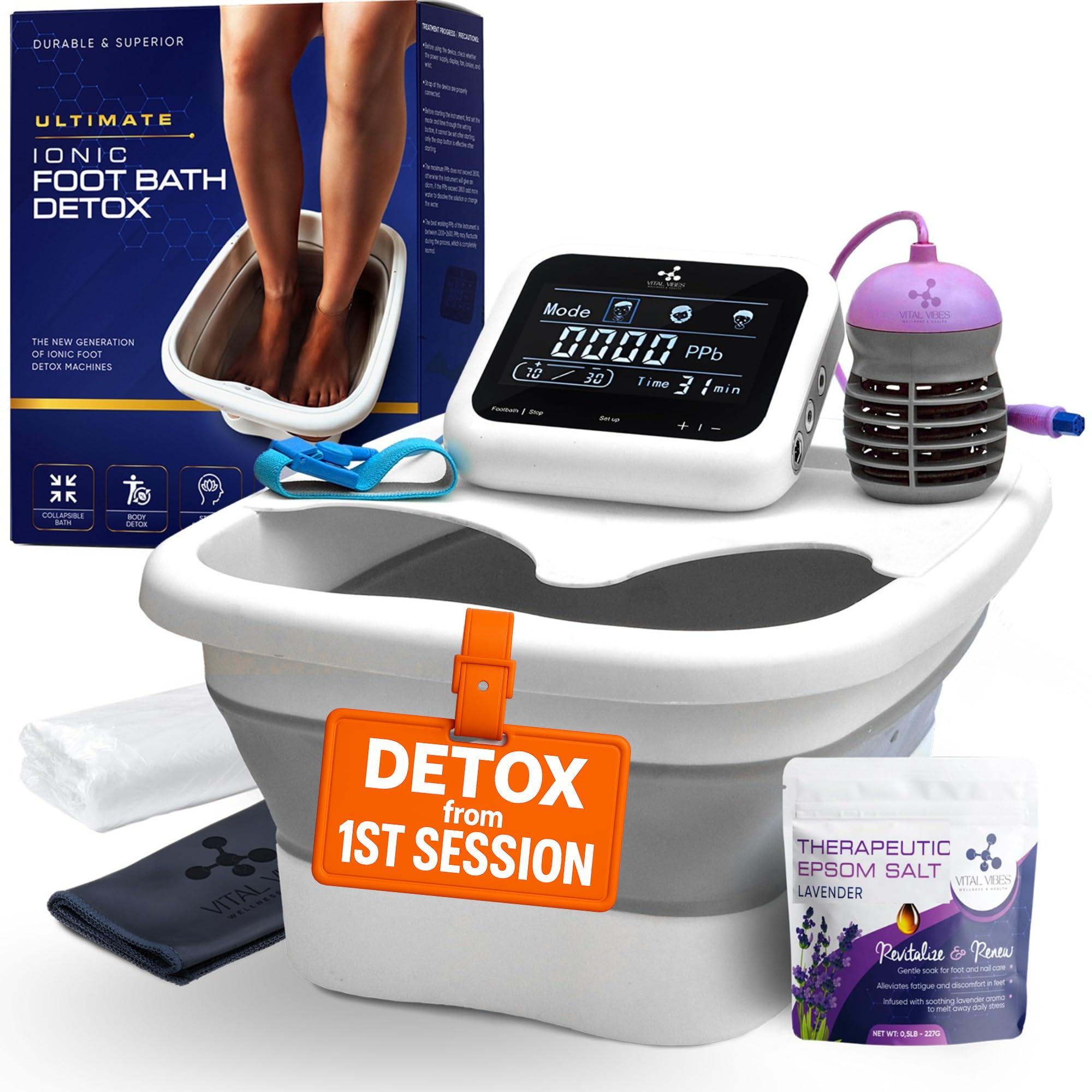Vital Vibes Vital Vibes Ultimate Ionic Foot Bath Detox Machine - Foot Detox Machine for Spa Bath with Touch Display - Epsom Salt & Towel - Collapsible Soaking tub -Powerful Array- Ion Wristband-Tub Liners