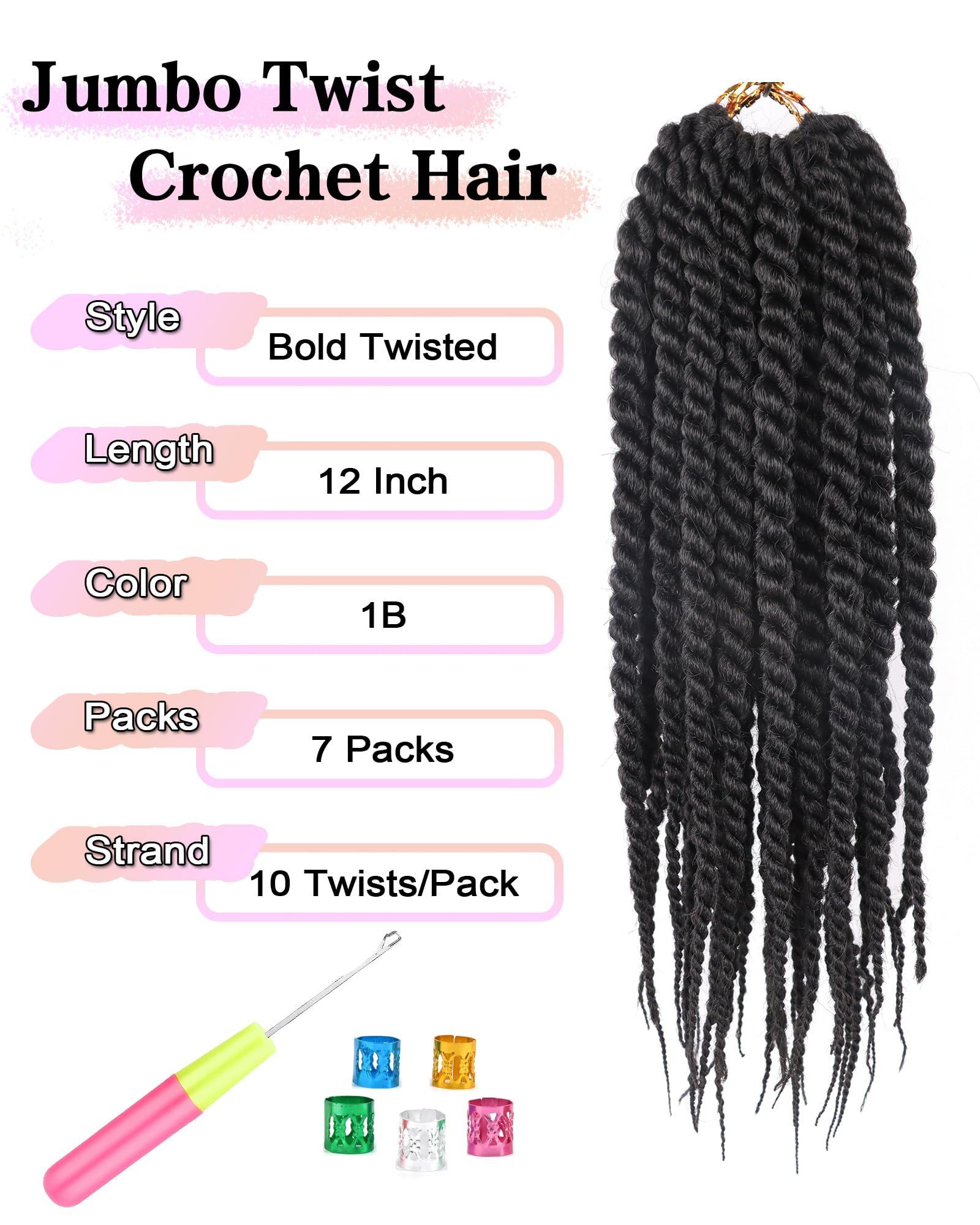 QANSFA Senegalese Twist Crochet Hair 12 Inch Havana Twist Crochet Hair Short Jumbo Twist Crochet Hair for Women 7 Packs Jumbo Cuban Twist Crochet Braids Crochet Kinky Twist Braiding Hair(12 Inch,1B-Black)