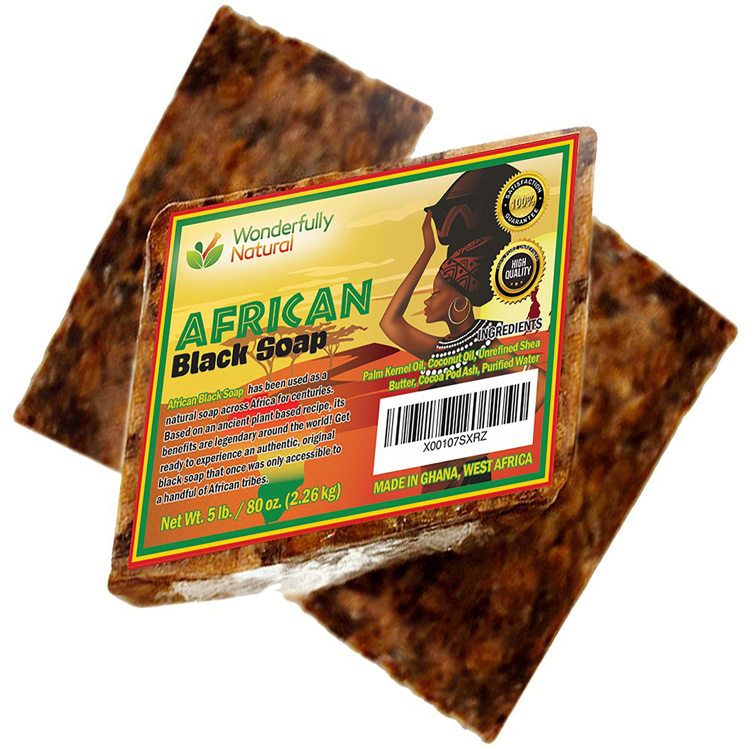 Wonderfully Natural Wonderfully Natural Organic African Black Soap - 5 Pound Best for Acne, Eczema, Dry Skin, Psoriasis, Scars, Dermatitis, White Heads Pimples, Face & Body Wash, Raw Handcrafted Beauty Scrub Bar