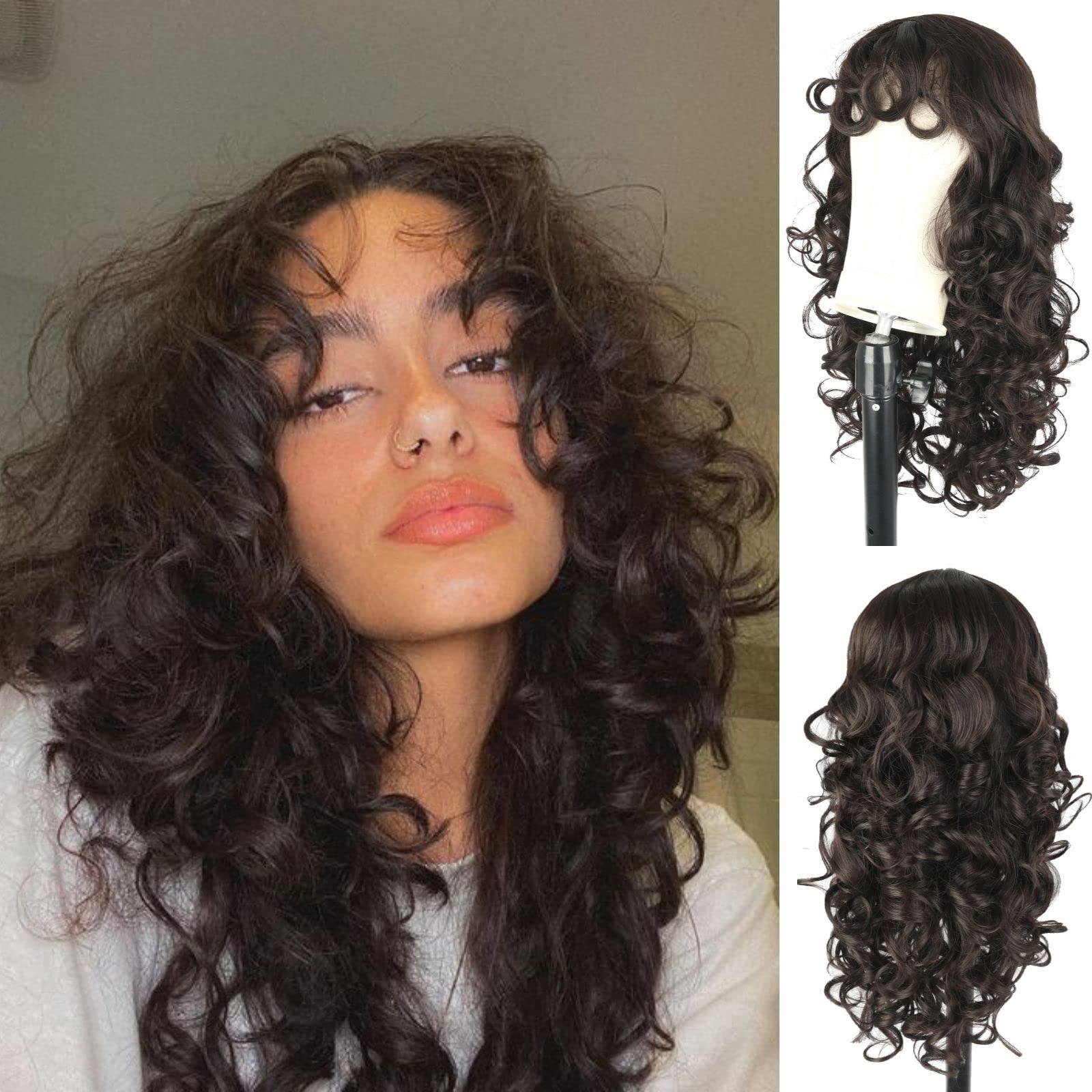 Oseti Oseti Long Brown Curly Wig with Bangs for Women Layered Synthetic Wig Brown Curly Shag Hair Wig with Bangs Cute Kinky Curly Hair Replacement Wigs for Daily Use Party Hallowmas Cosplay Wig