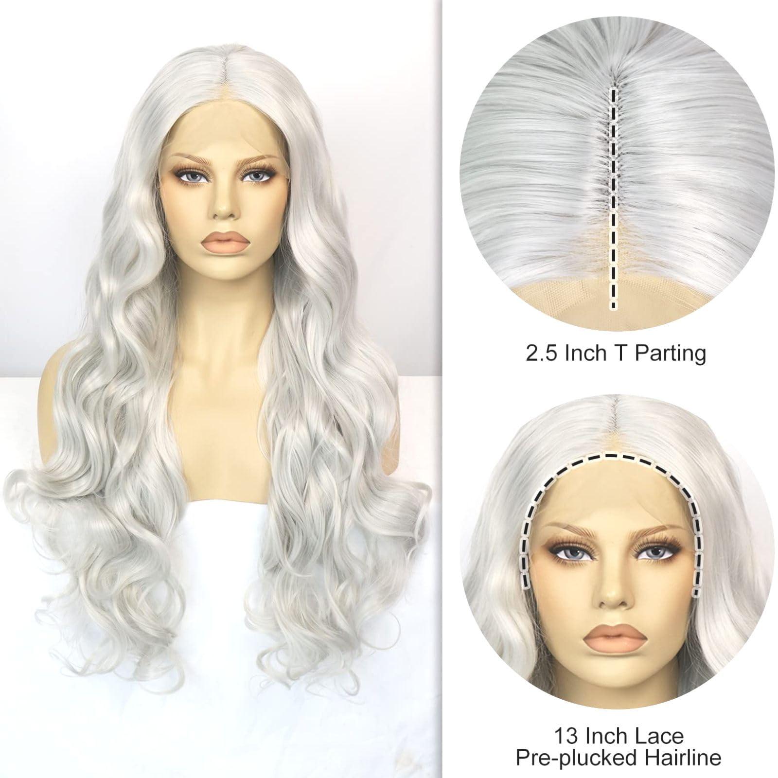 Ebingoo Ebingoo 26 Inch Silver Gray Lace Front Wig+Wig Cap Wavy Silver Wig for Women Curly Lace Front Wig Silver Princess Wig for Halloween Cosplay Women Daily Wear